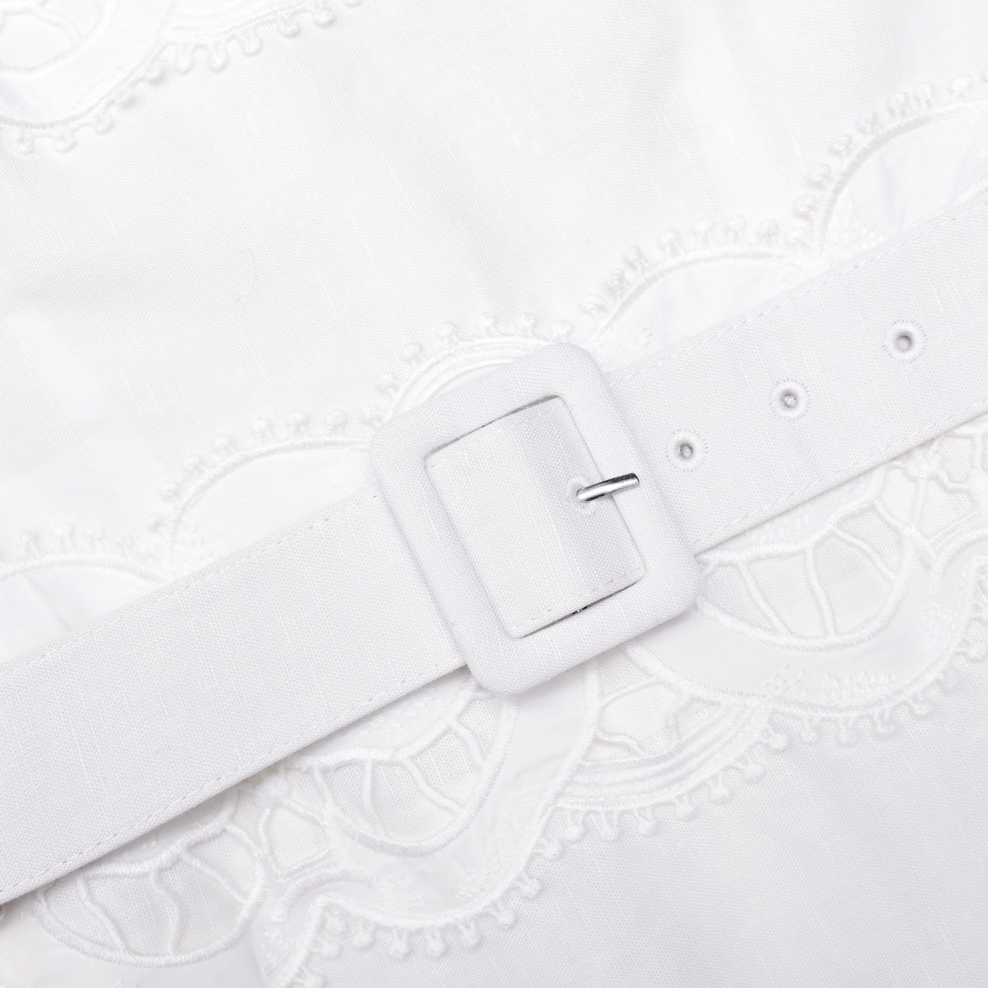 White Linen Lace Insert Midi Dress