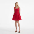Red Linen Lace Insert Mini Dress