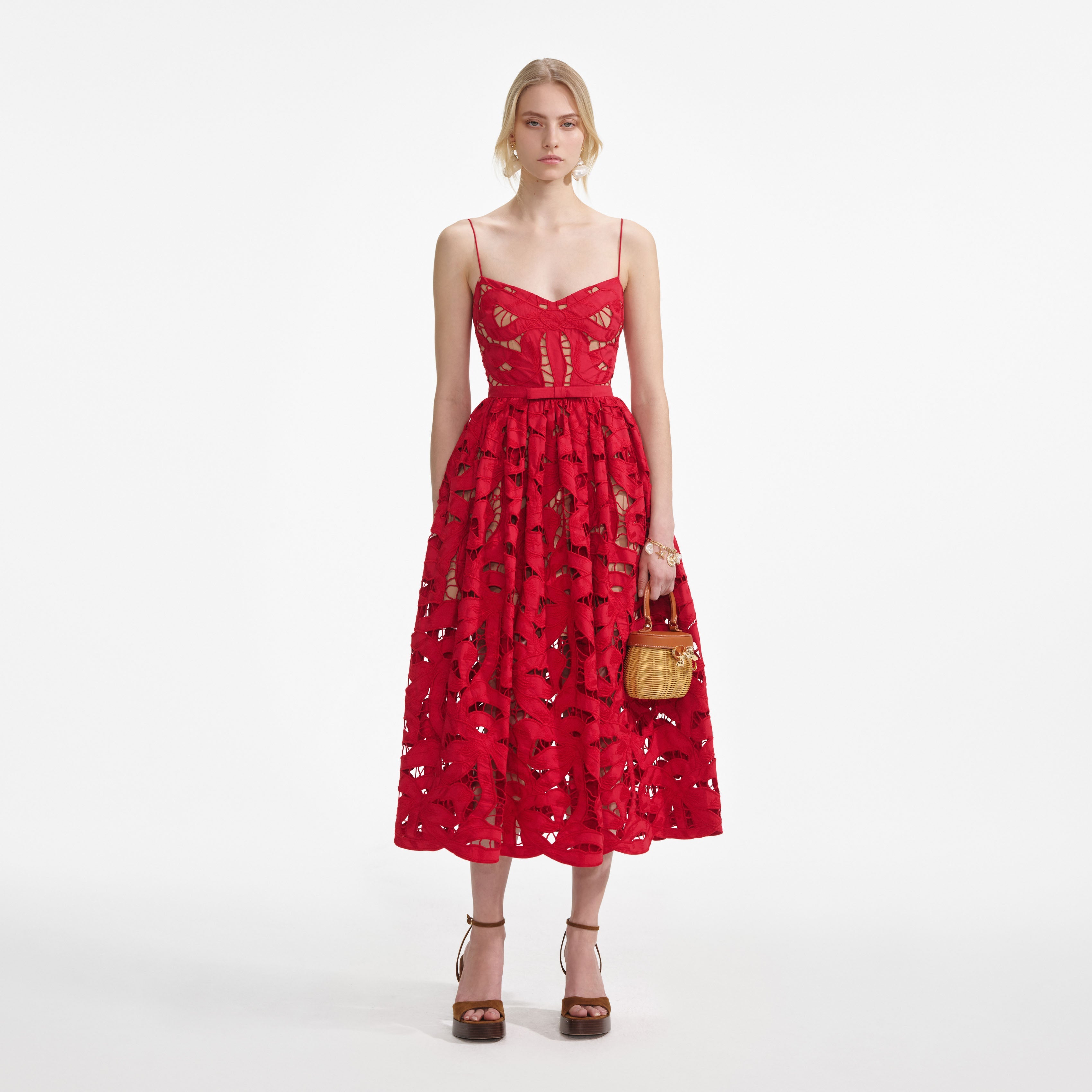 Red Bow Embroidered Midi Dress