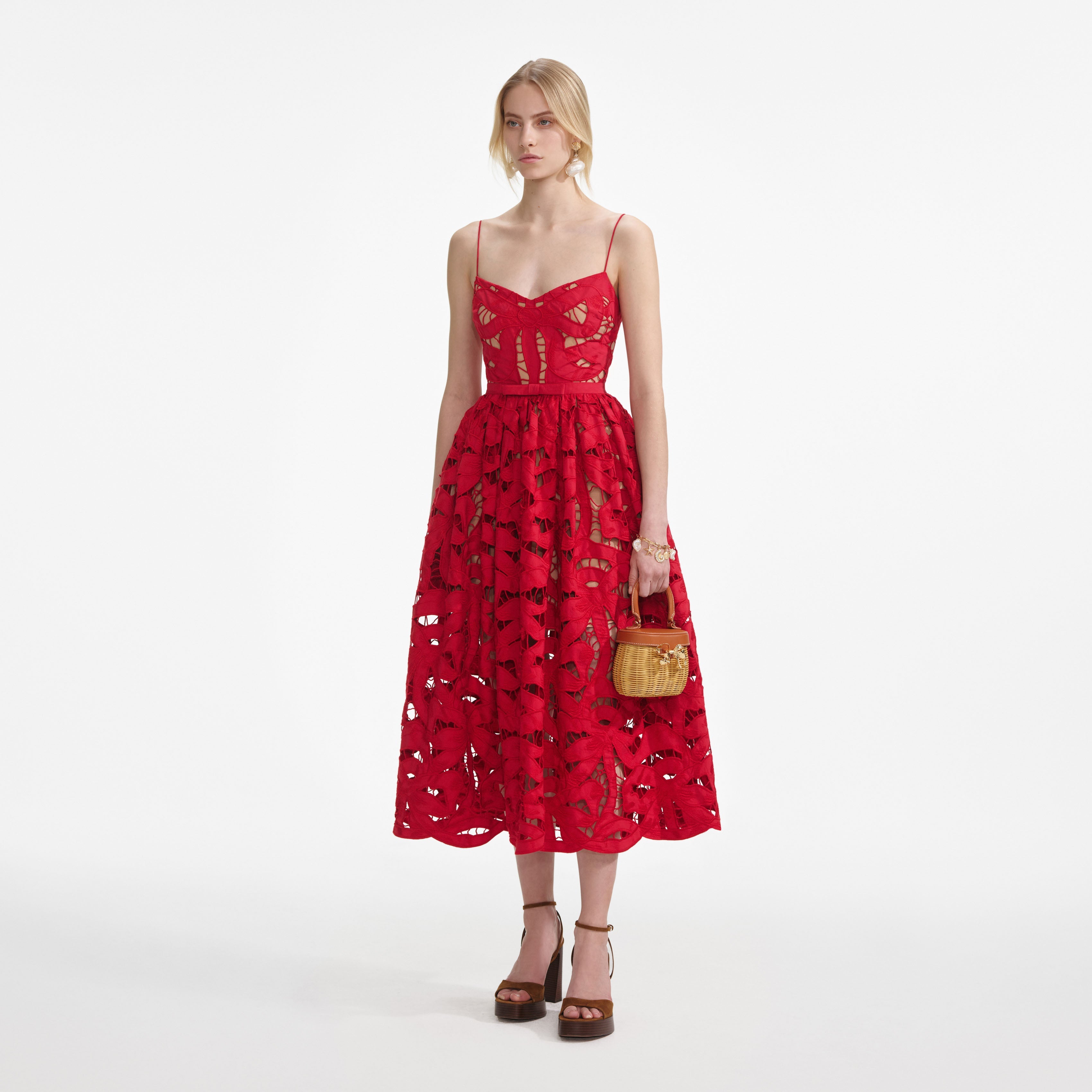 Red Bow Embroidered Midi Dress