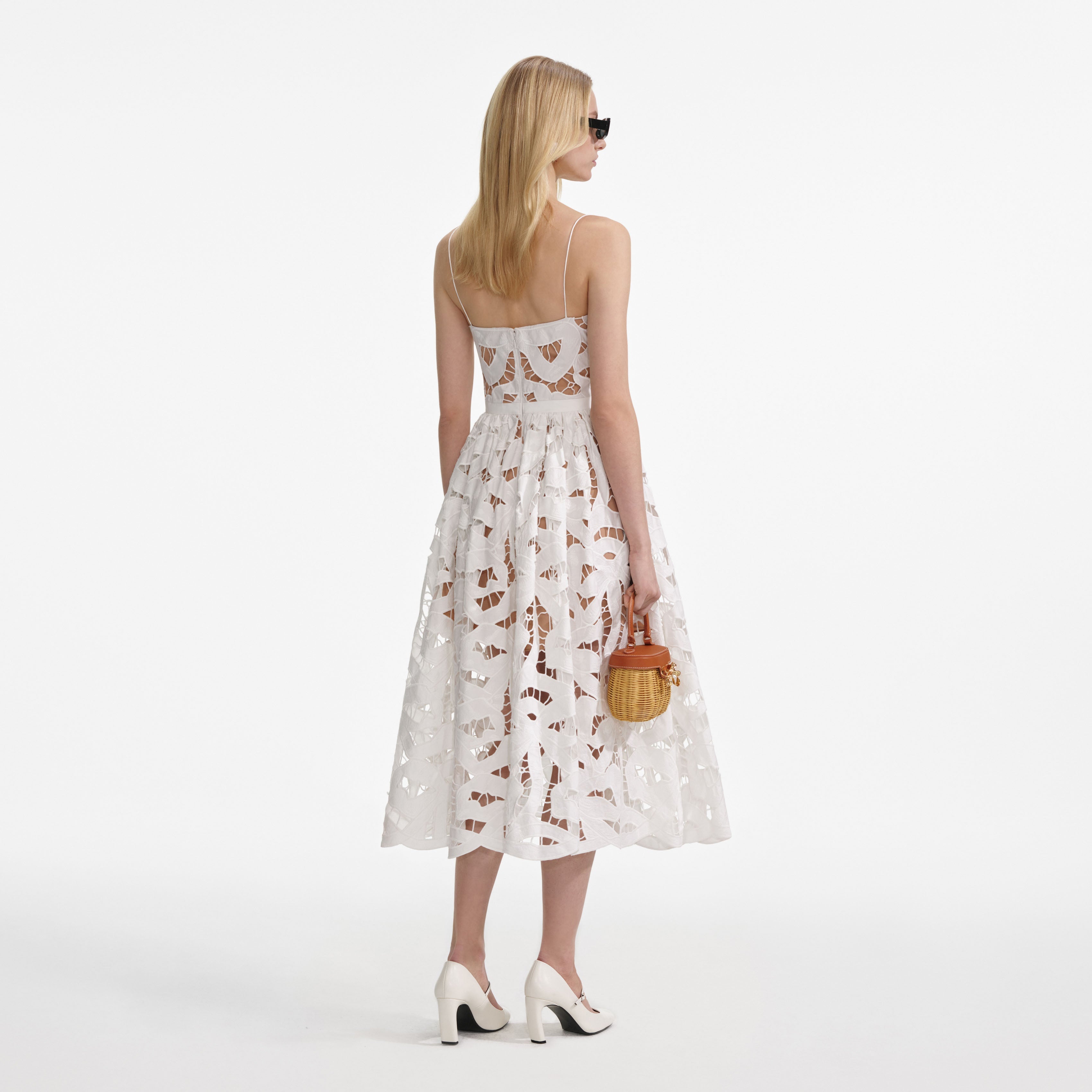 White Bow Embroidered Midi Dress