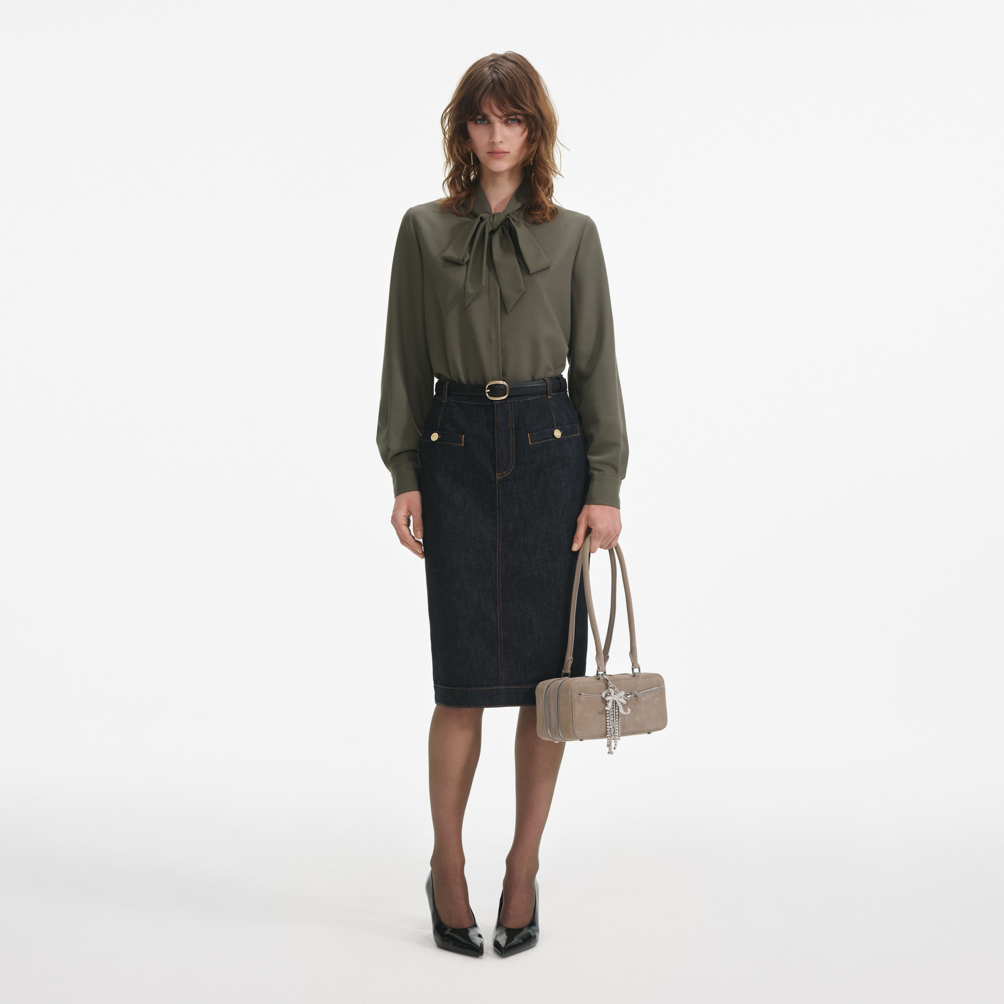 Khaki Twill Tie Neck Blouse