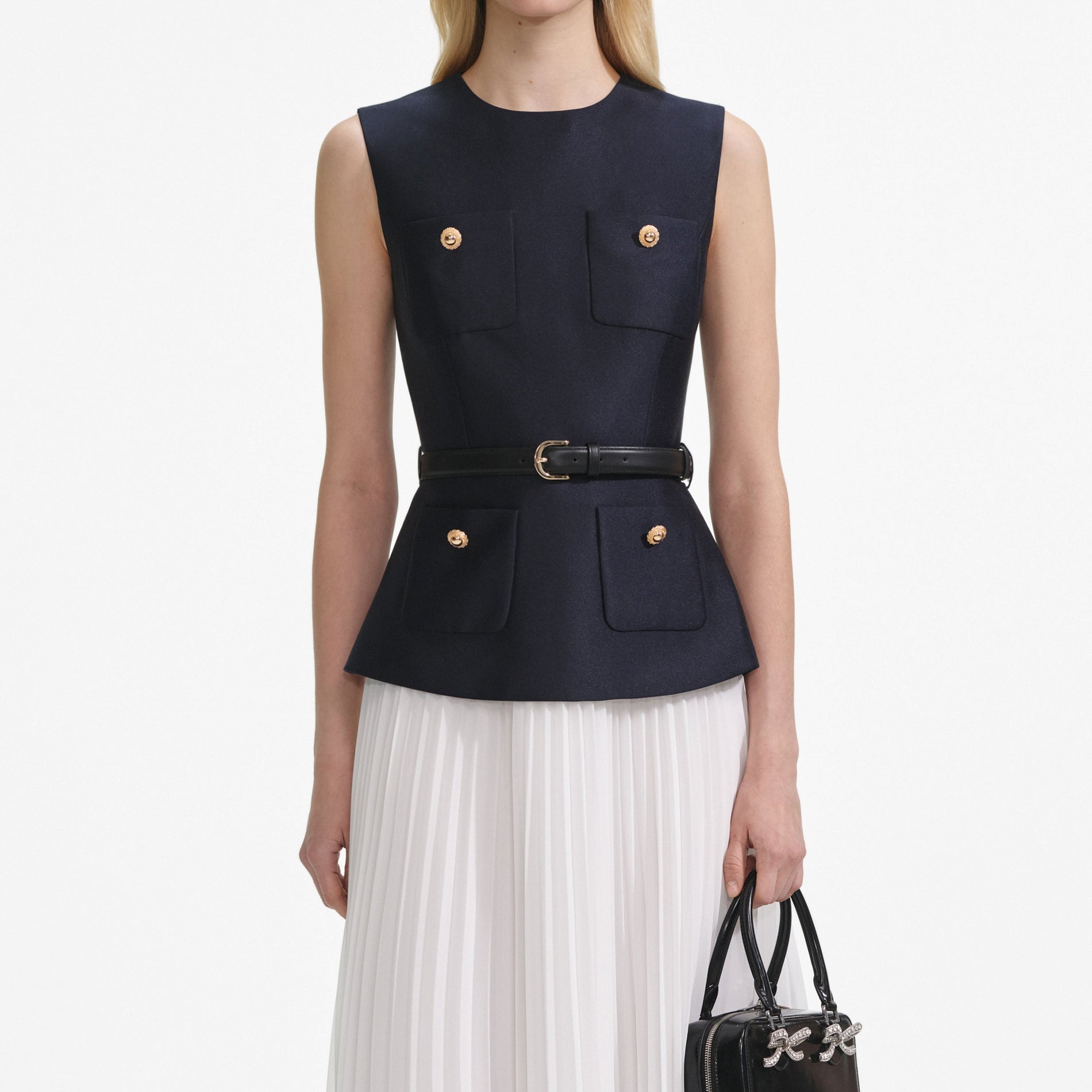 A close up of a woman wearing the Navy Taffeta Midi Dress