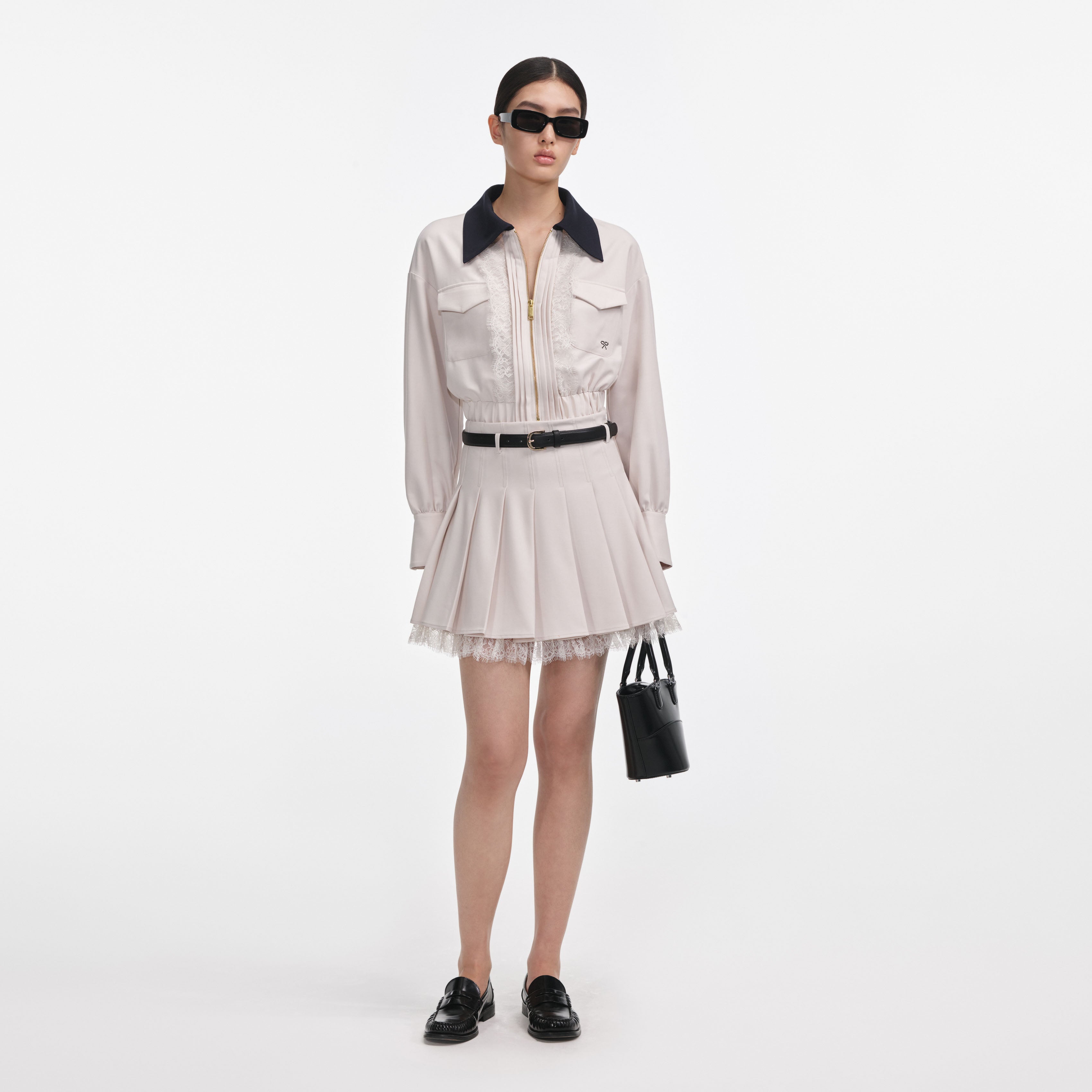 Cream Twill Pleated Mini Skirt