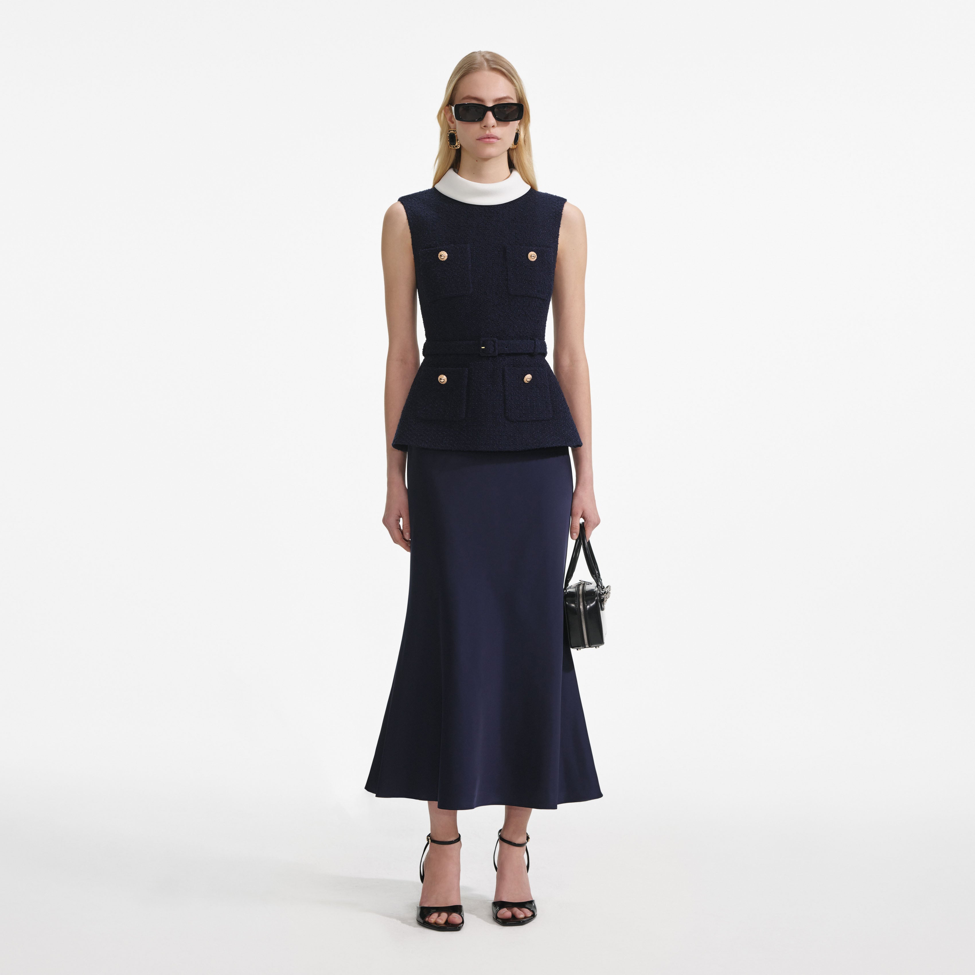 Navy Boucle Sleeveless Midi Dress