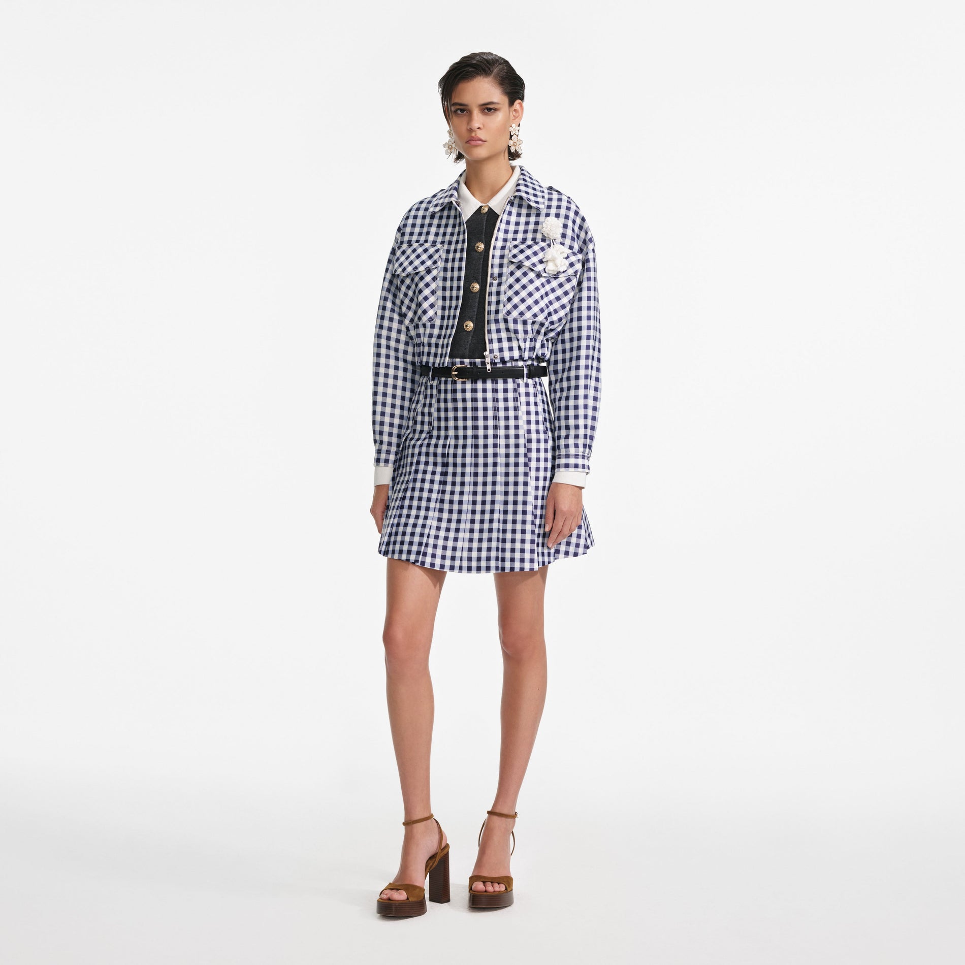 Side view of a woman wearing the Navy Gingham Taffeta Jacket