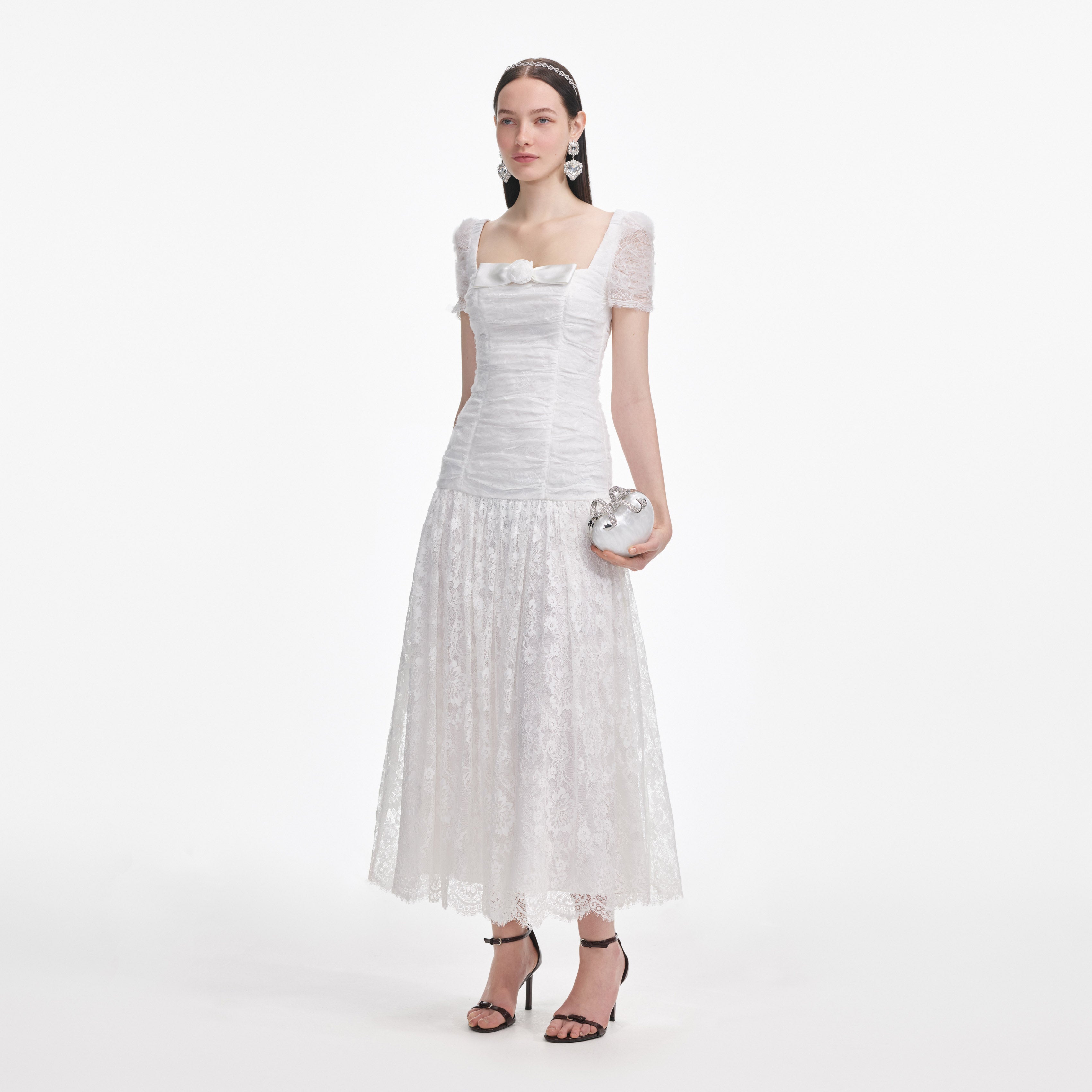 White Tulle Lace Gathered Midi Dress