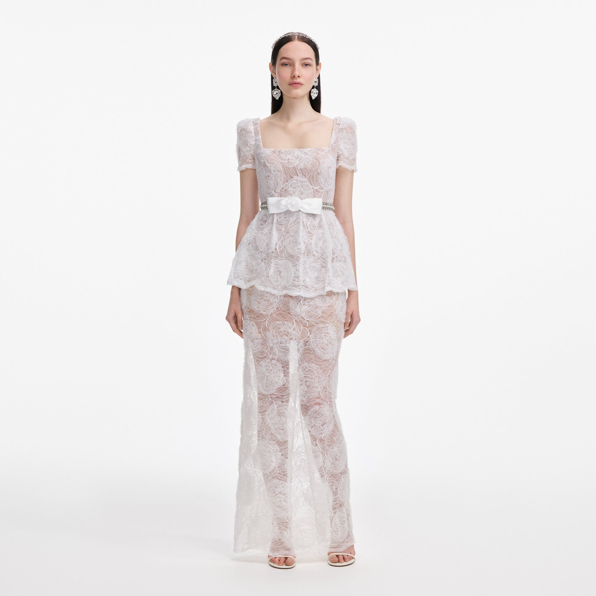 Front view of a woman wearing the White Tulle Lace Maxi Dress