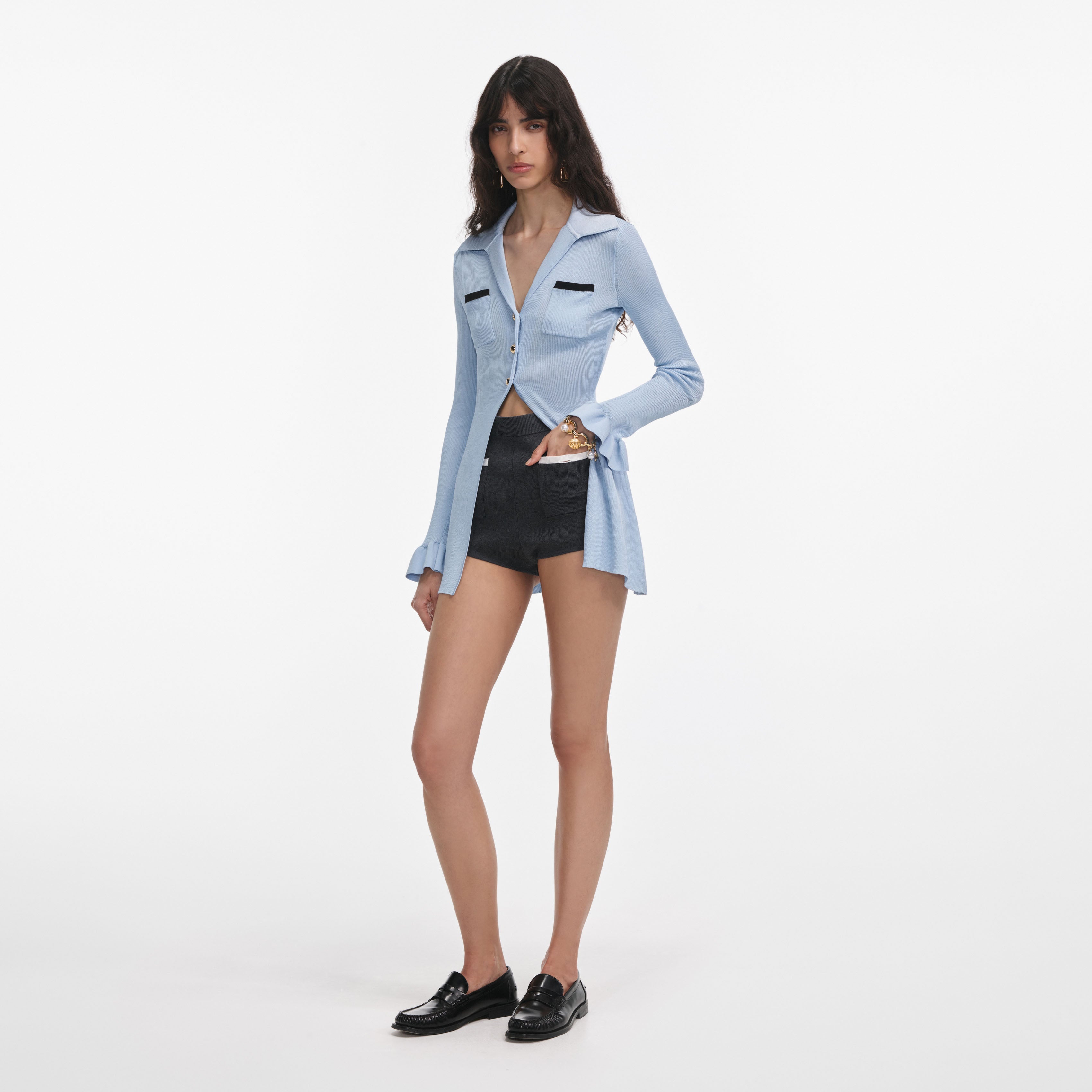 Blue Ribbed Viscose Knit Longline Top