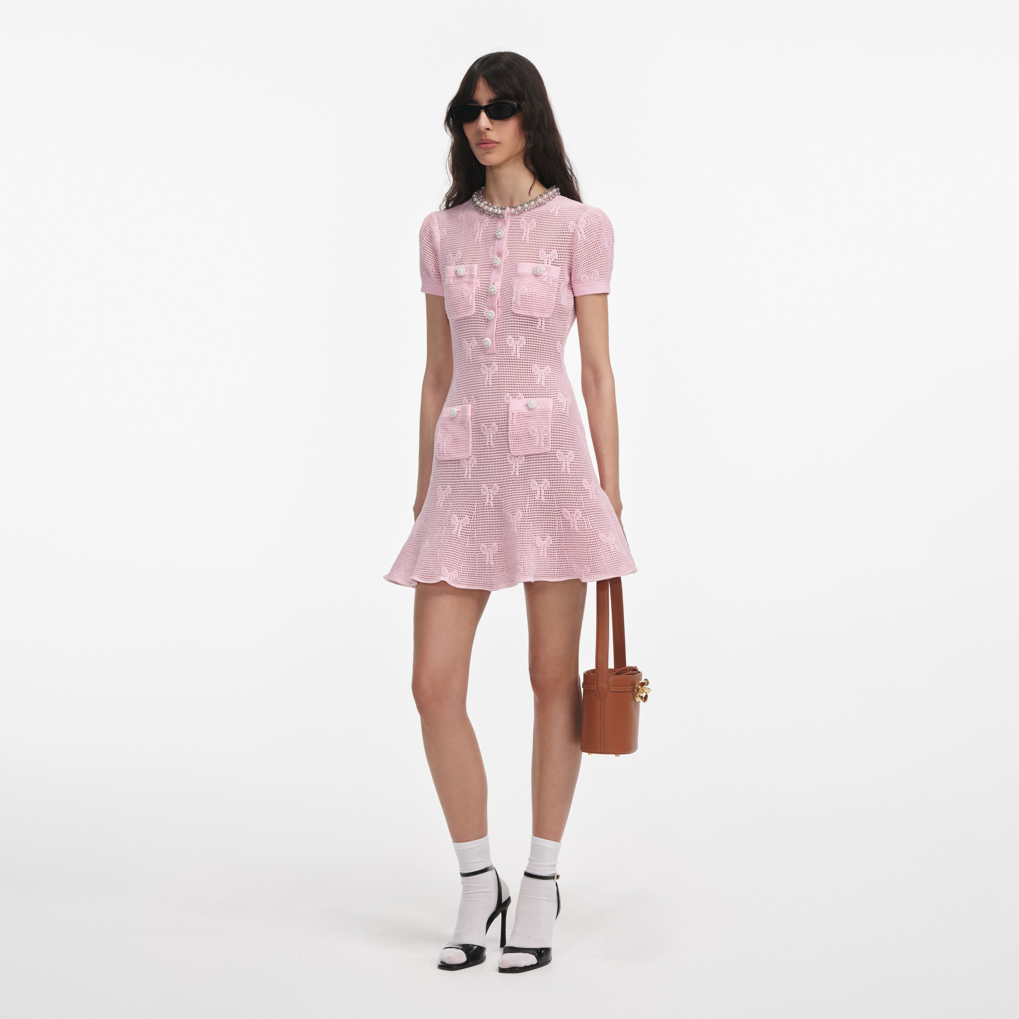 Pink Bow Crochet Crystal Trim Mini Dress