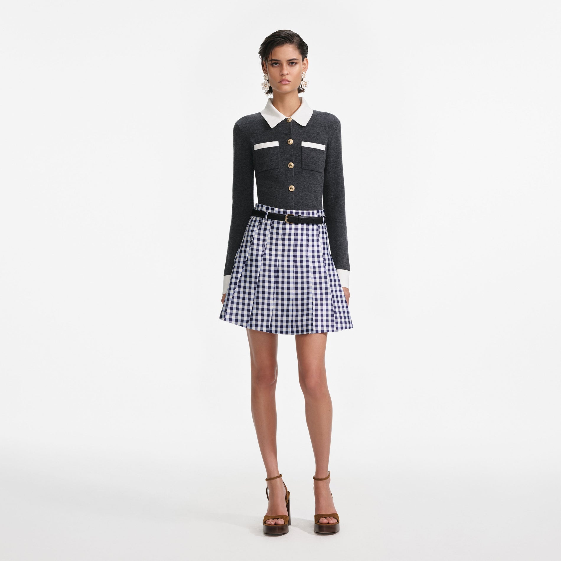 Front view of a woman wearing the Grey Contrast Collar Cardigan