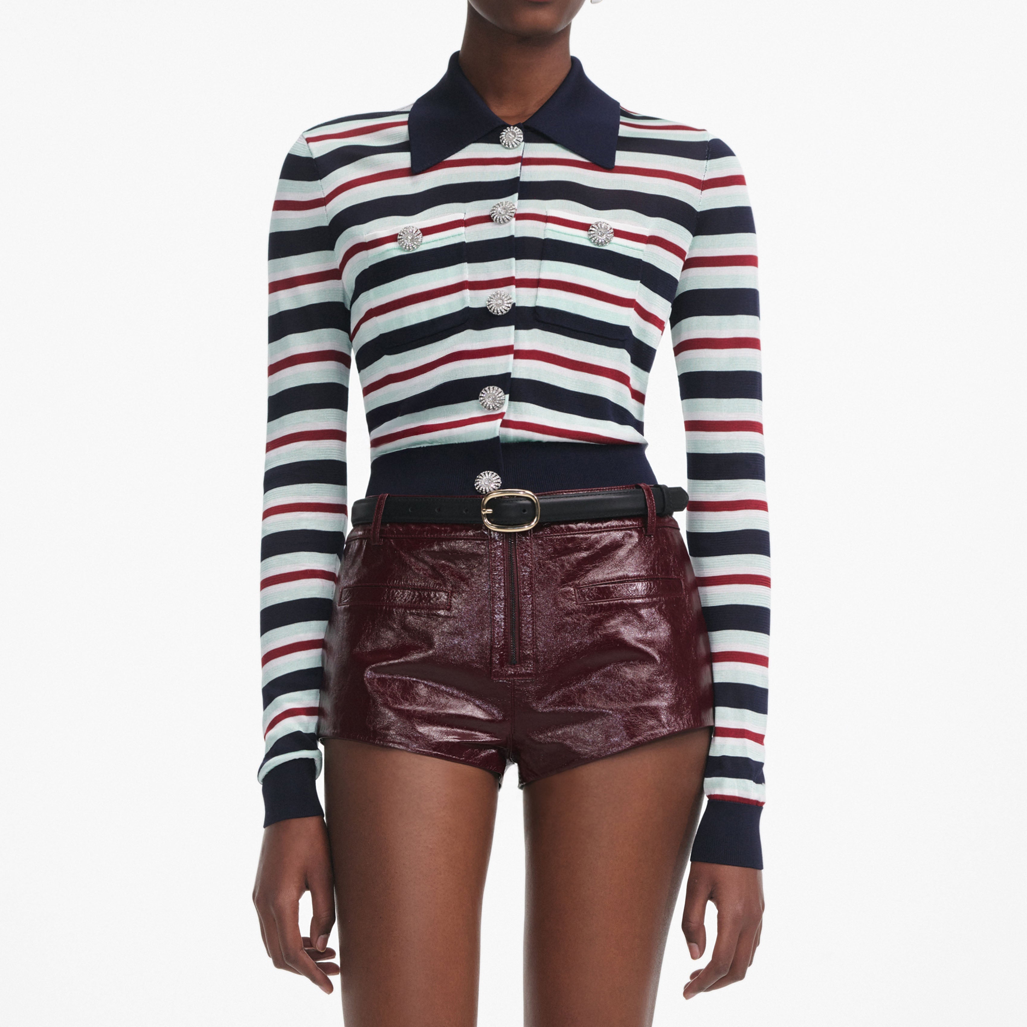 Navy Striped Viscose Knit Top