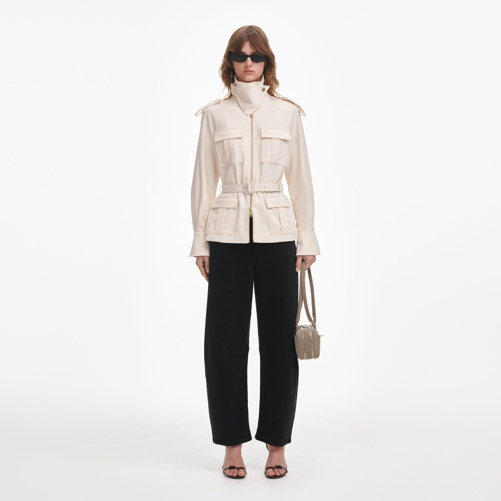 Front view of a woman wearing the Cream Twill Jacket