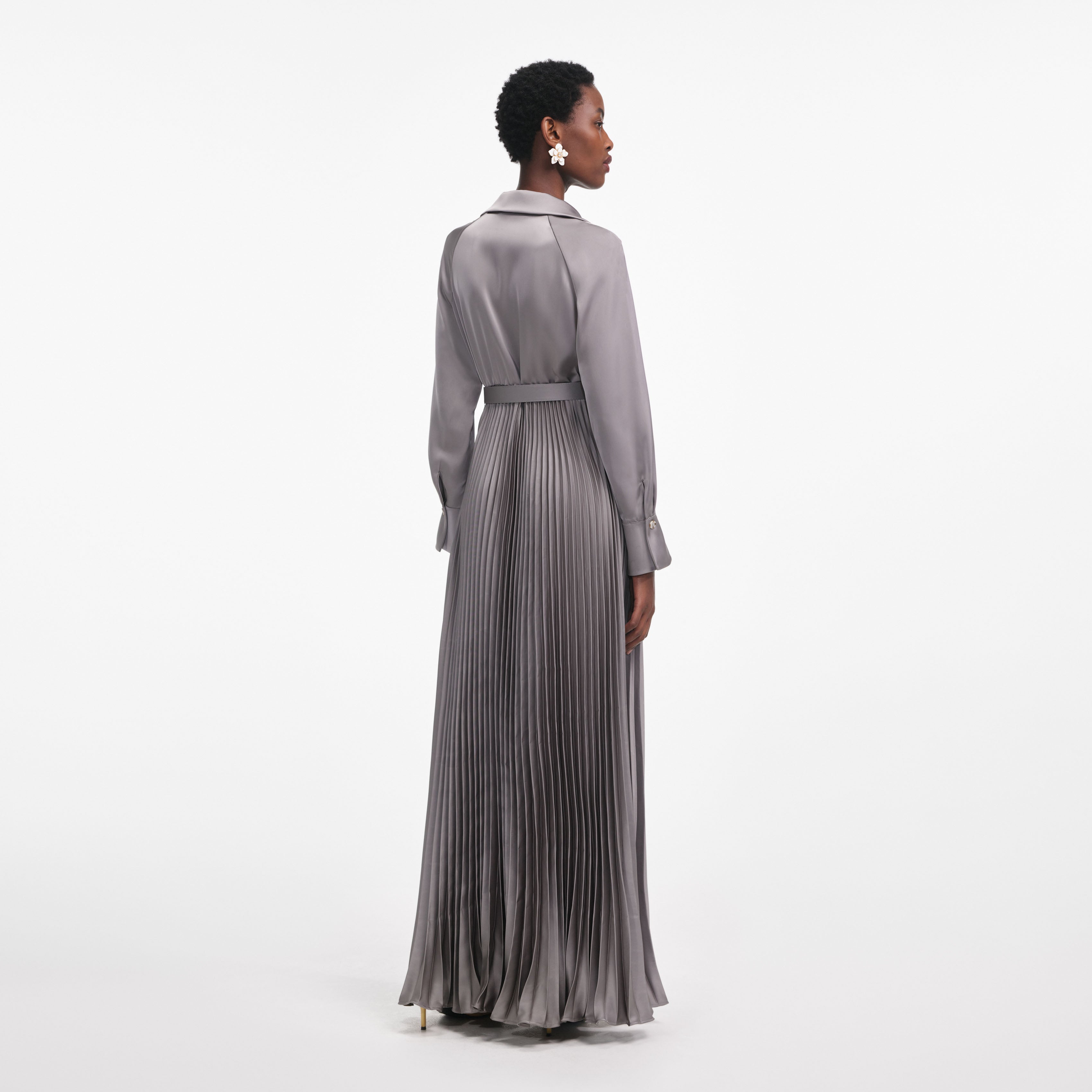 Grey Satin Pleated Maxi Dress