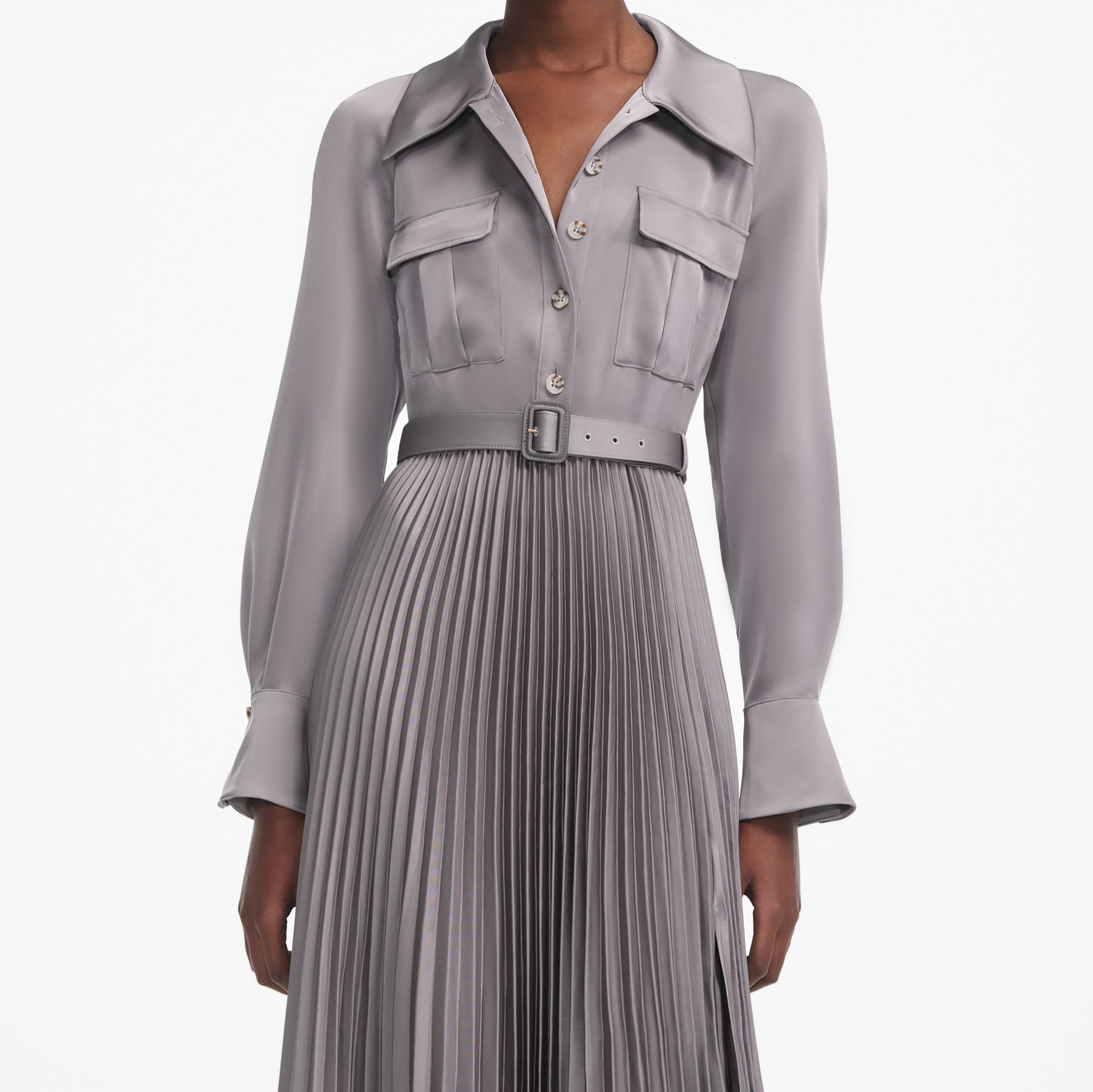 Grey Satin Pleated Maxi Dress