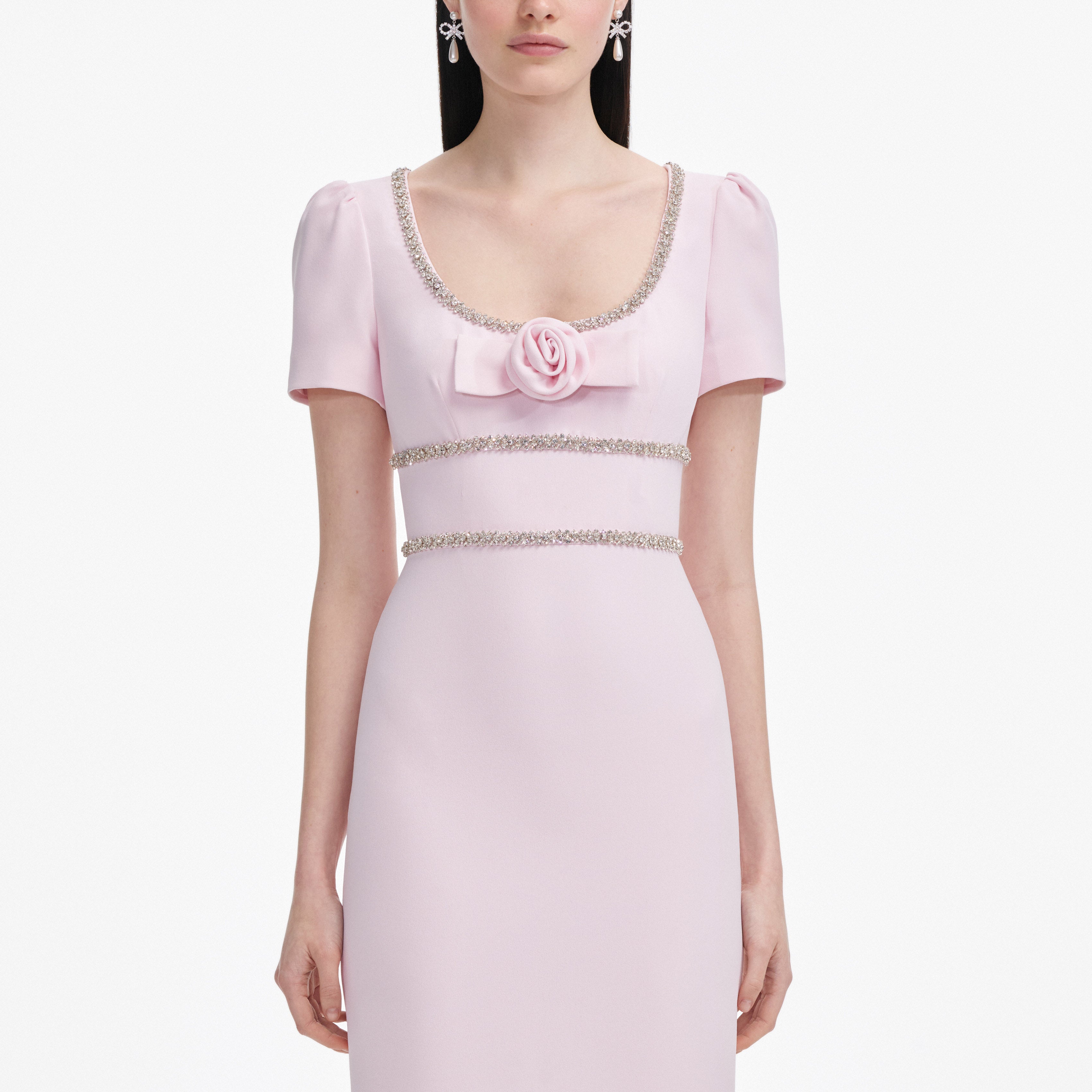 Pink Crepe Crystal Trim Maxi Dress