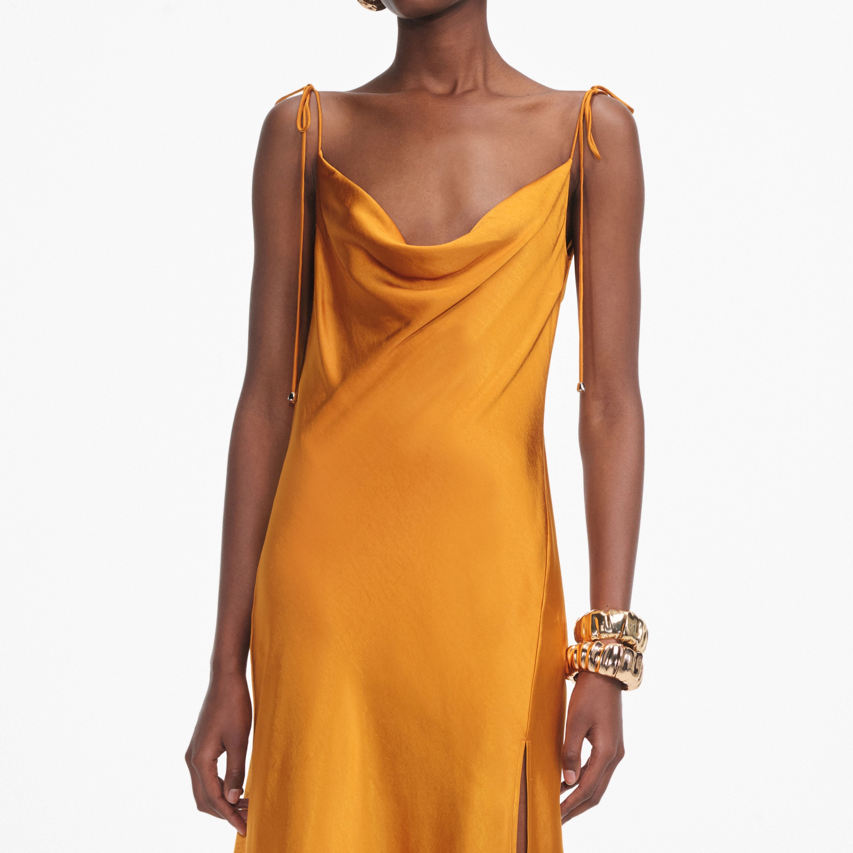 Burnt Orange Satin Midi Dress