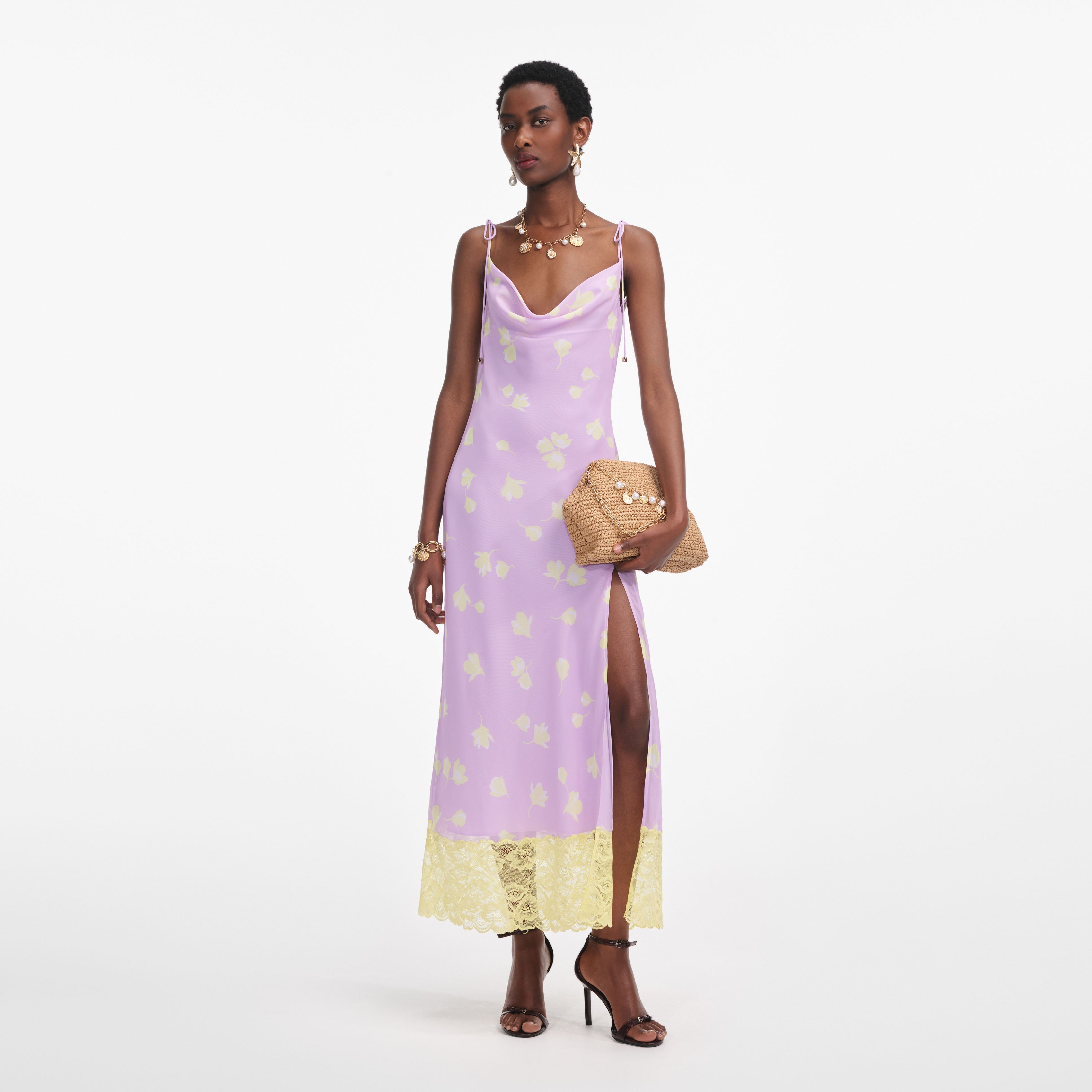 Lilac Floral Chiffon Midi Dress