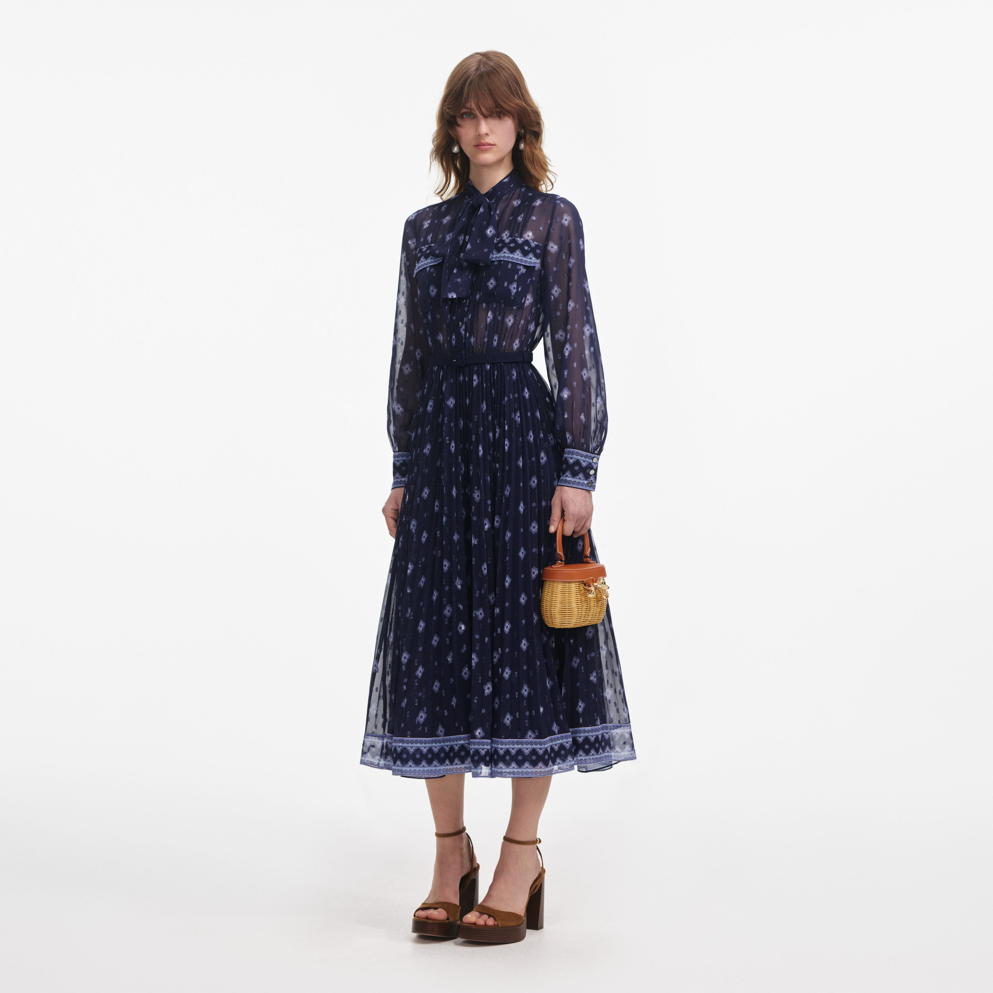 Navy Printed Chiffon Midi Dress