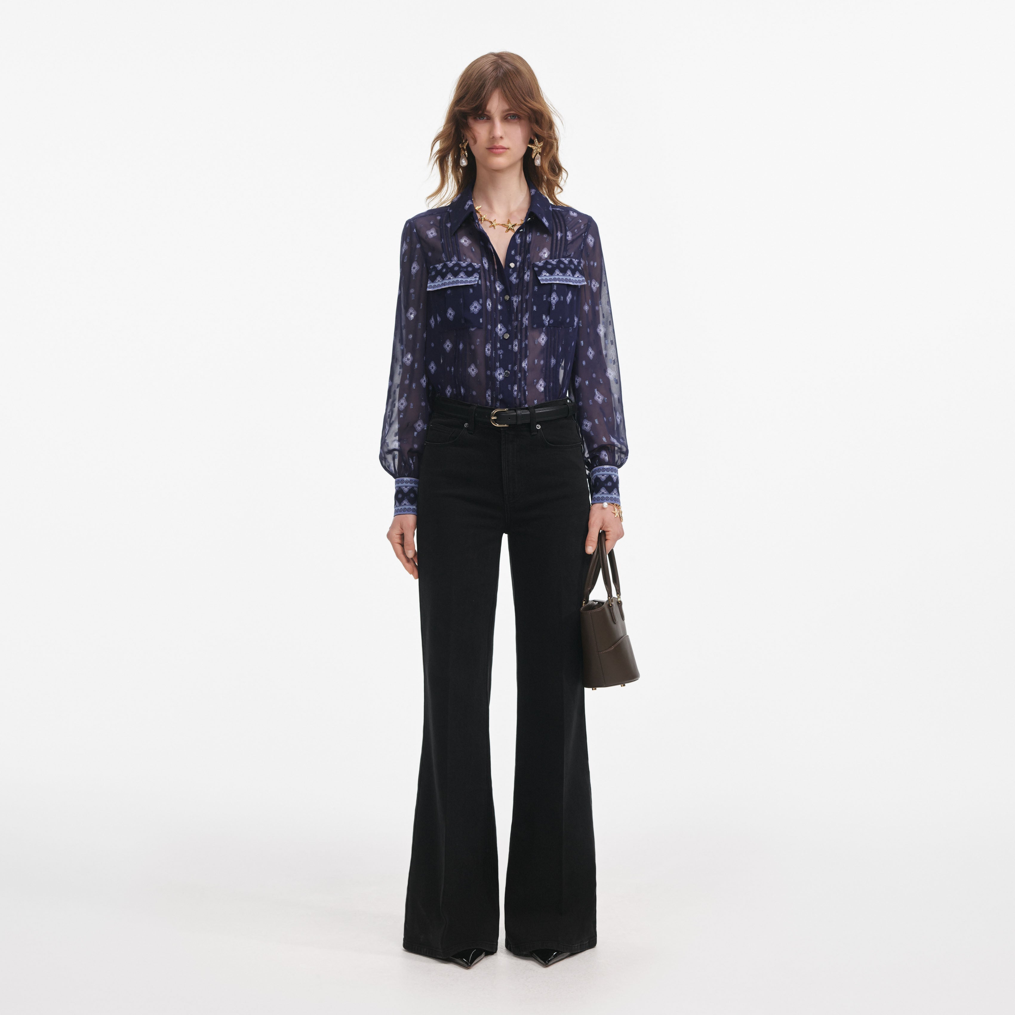 Navy Printed Chiffon Blouse