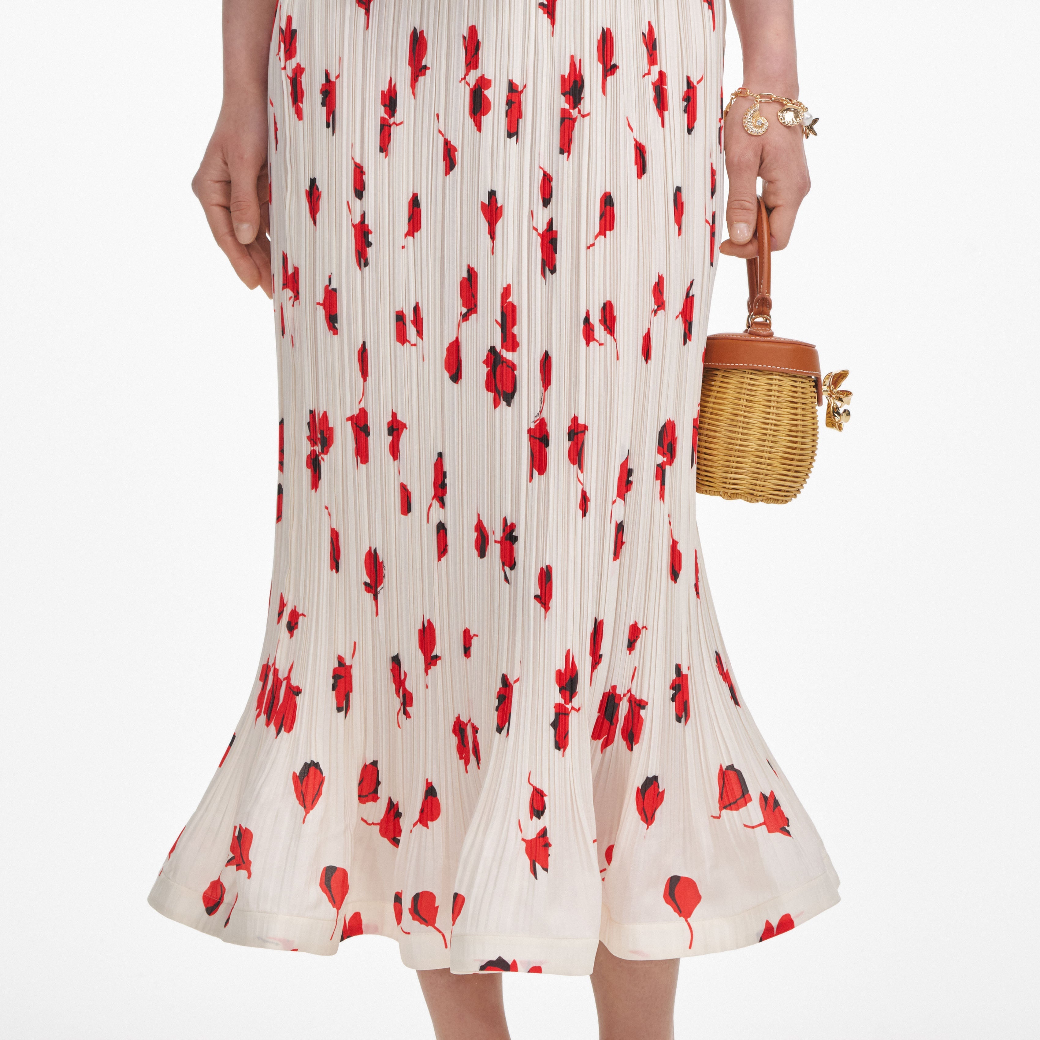 White Floral Plisse Midi Skirt