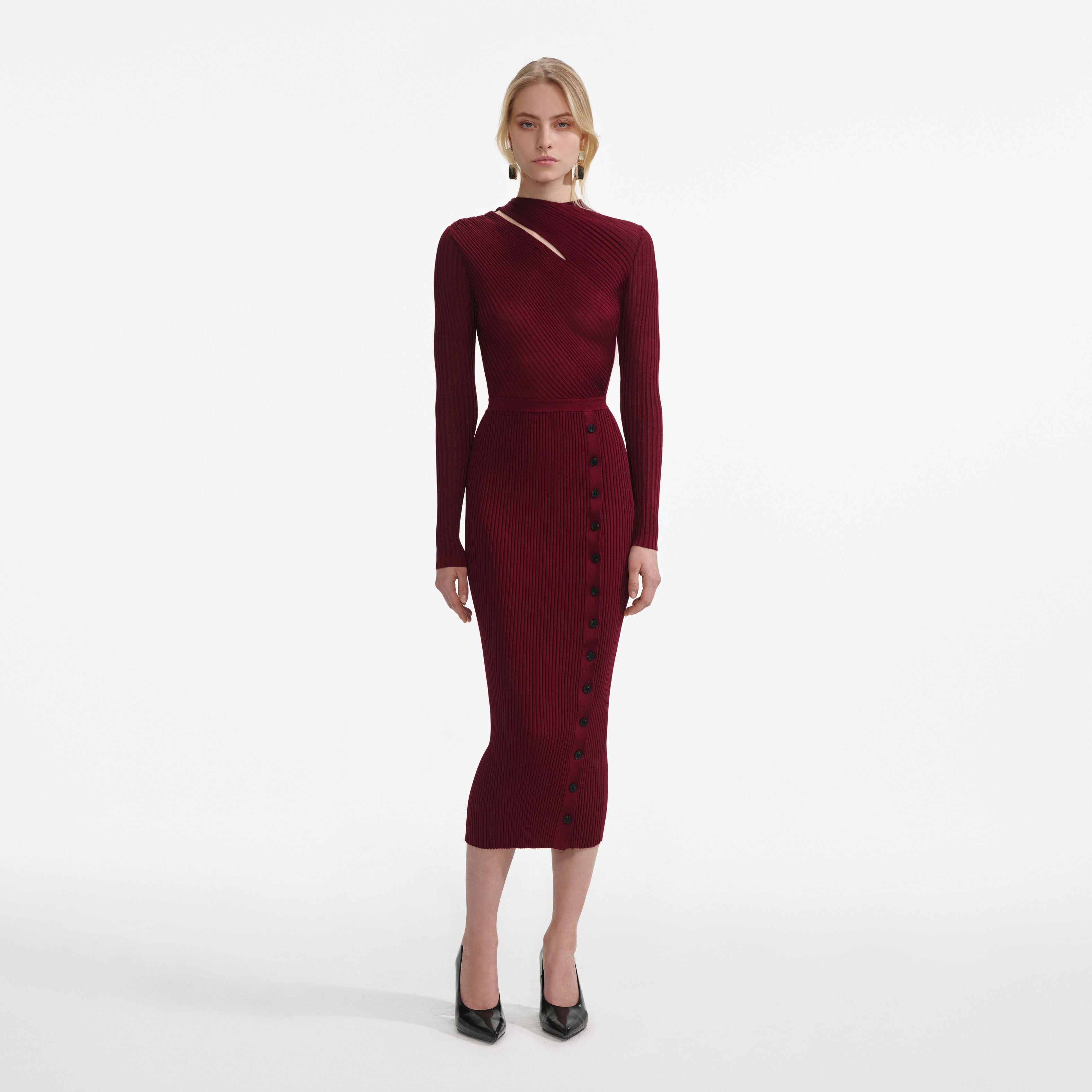 Burgundy Cut Out Rib Knit Midi Dress