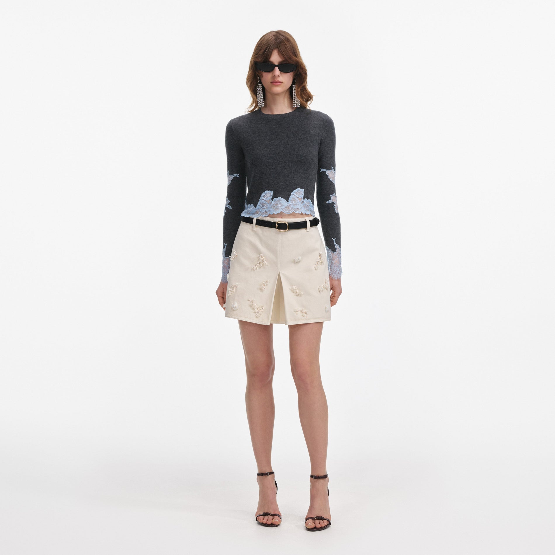 Front view of a woman wearing the Grey Contrast Lace Jumper