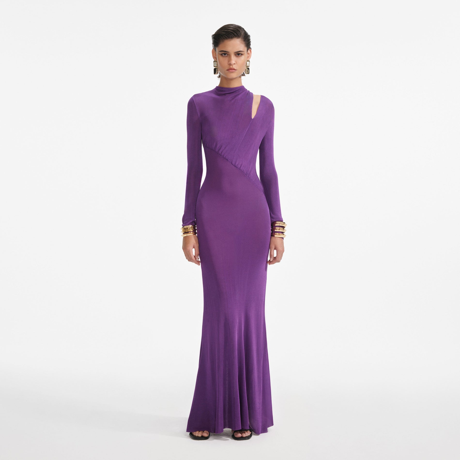 Front view of a woman wearing the Purple Cut Out Viscose Knit Maxi Dress