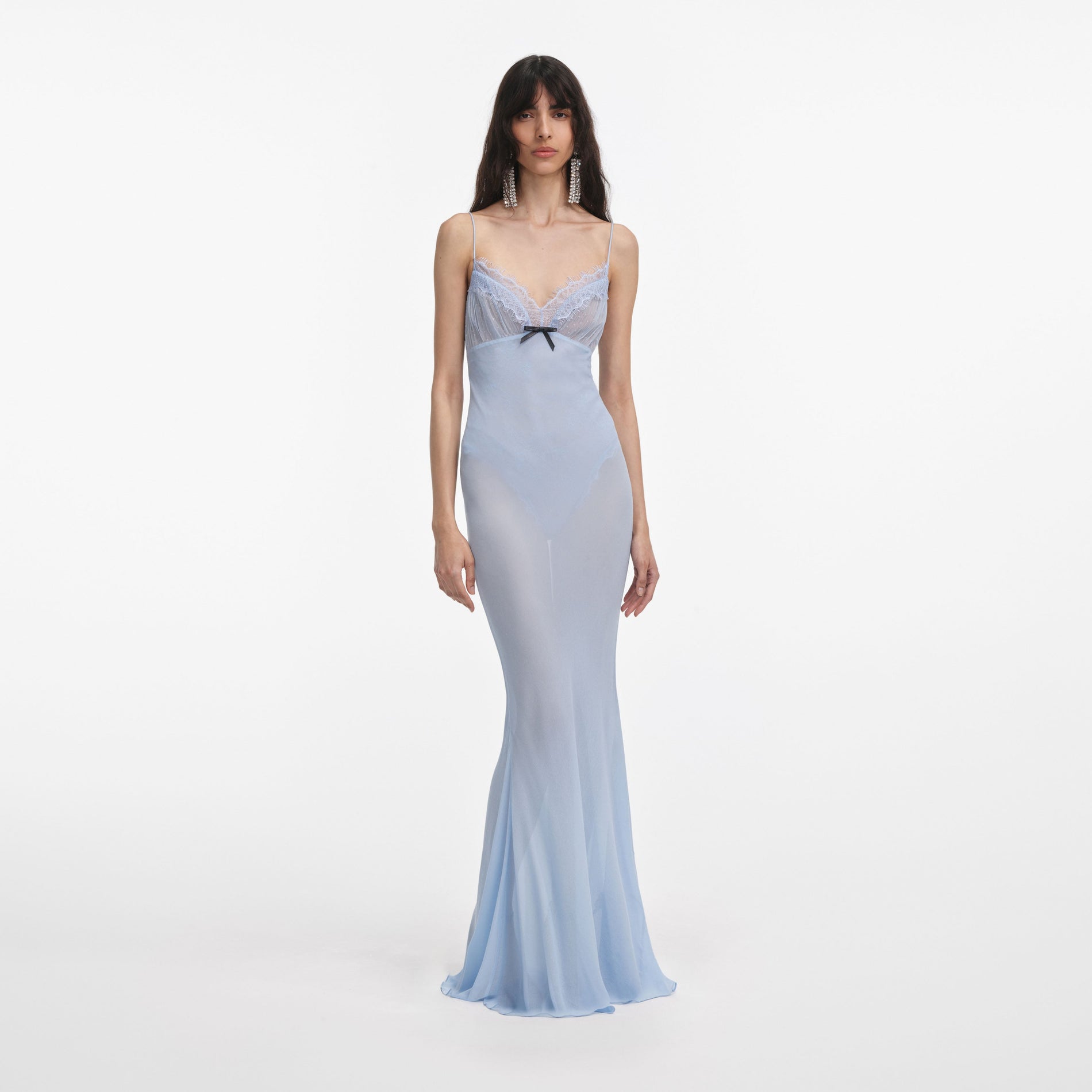 Front view of a woman wearing the Blue Strappy Georgette Maxi Dress