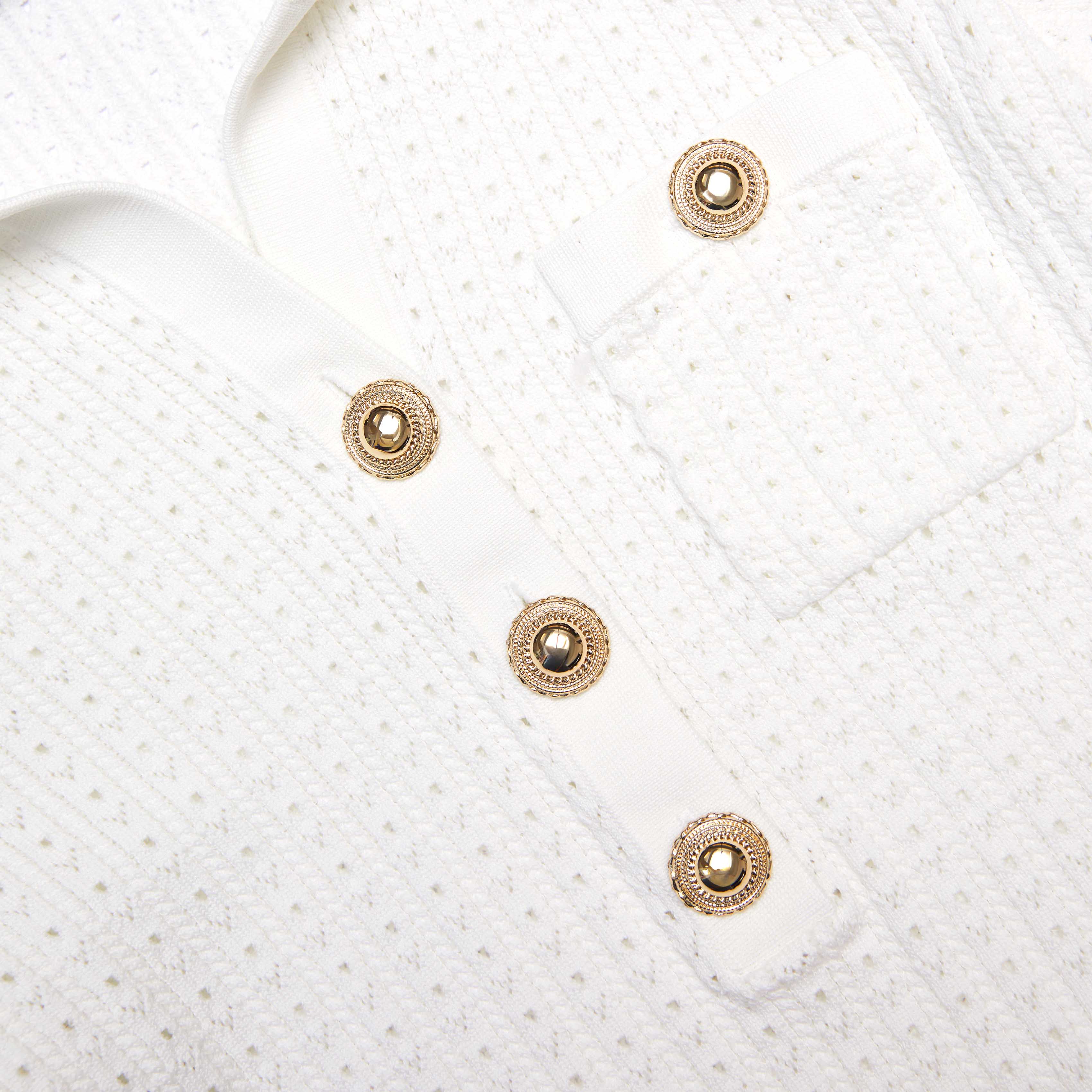 White Pointelle Collared Knit Top