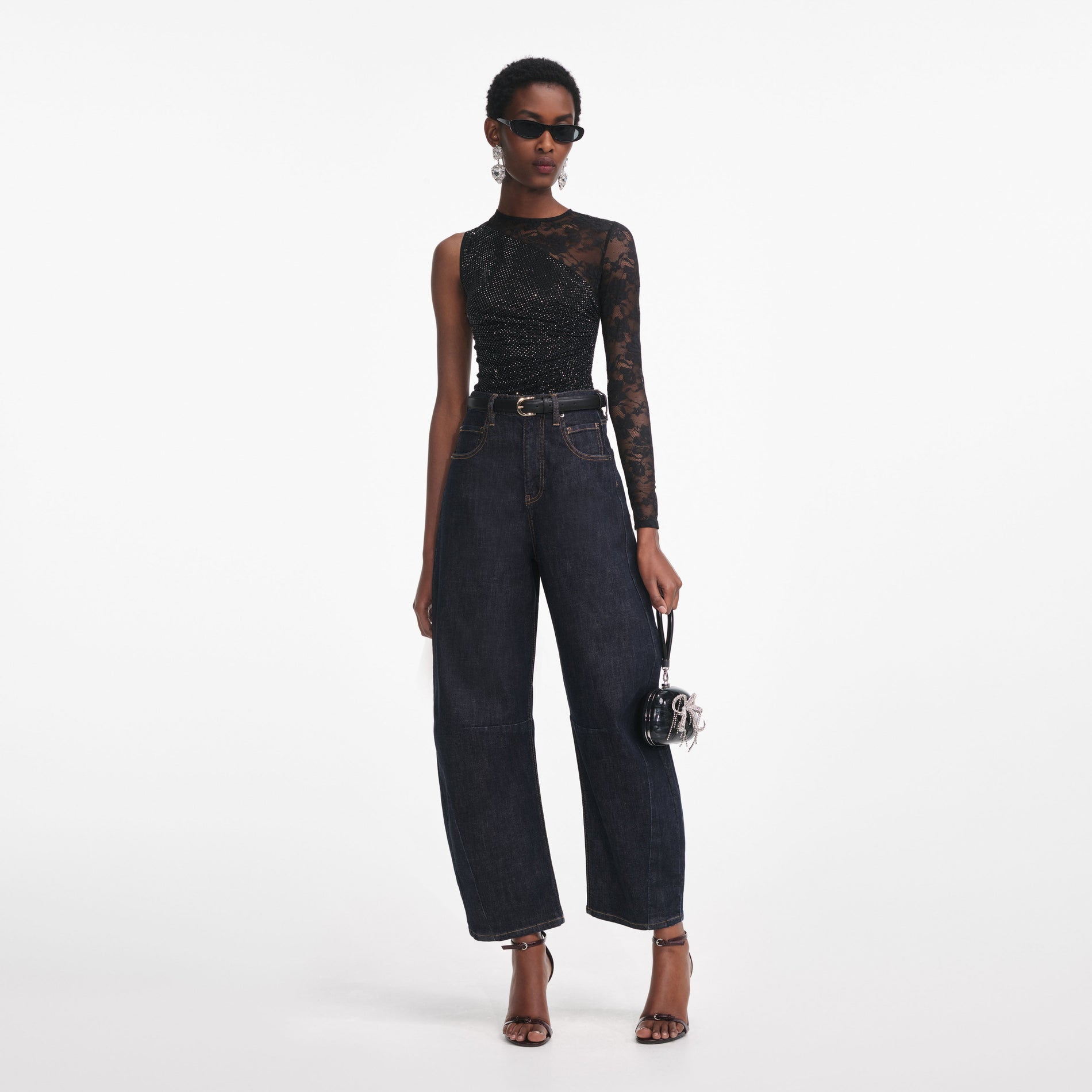 Front view of a woman wearing the Black Rhinestone Lace Sleeve Top