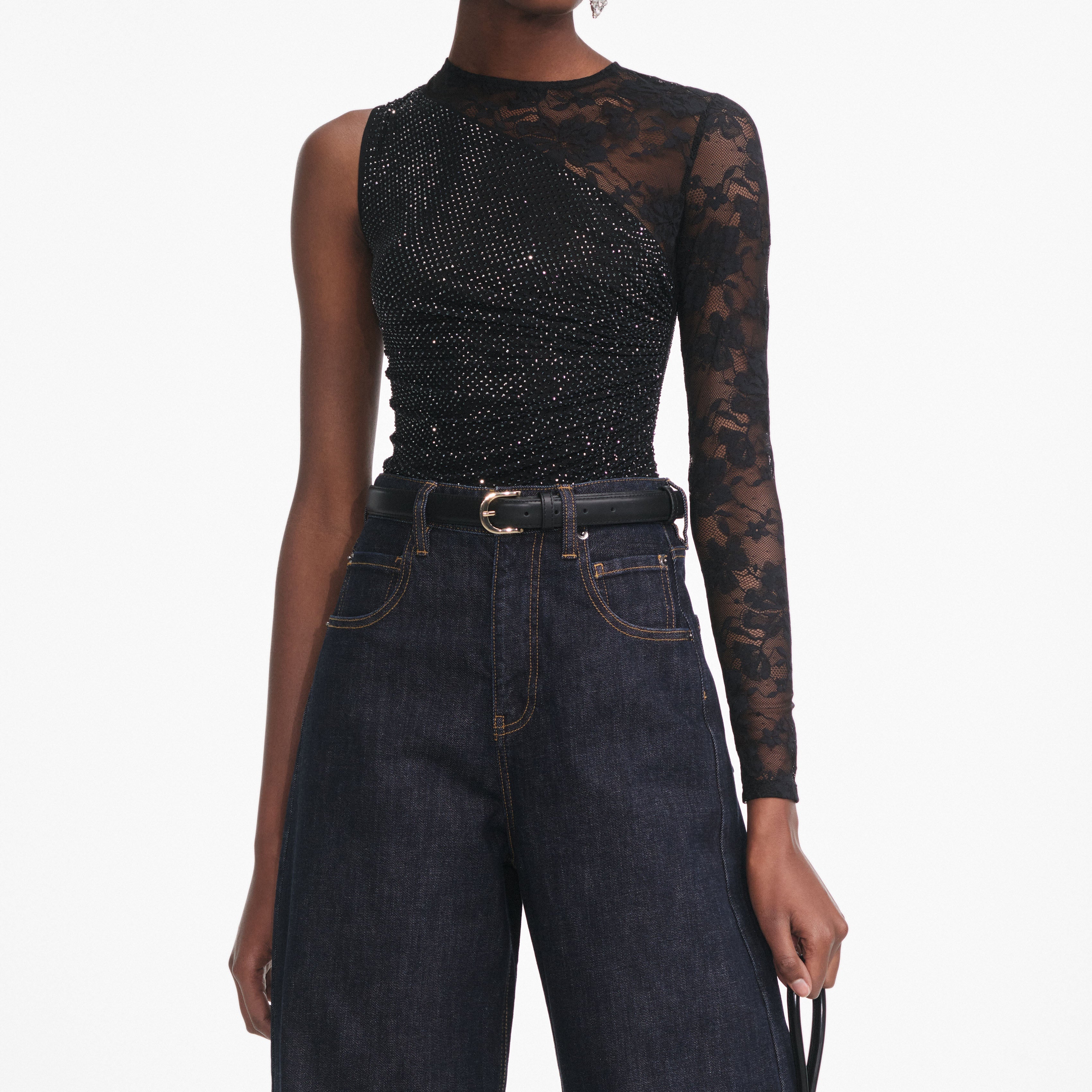 Black Rhinestone Lace Sleeve Top