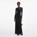 Black Rhinestone Lace Sleeves Maxi Dress