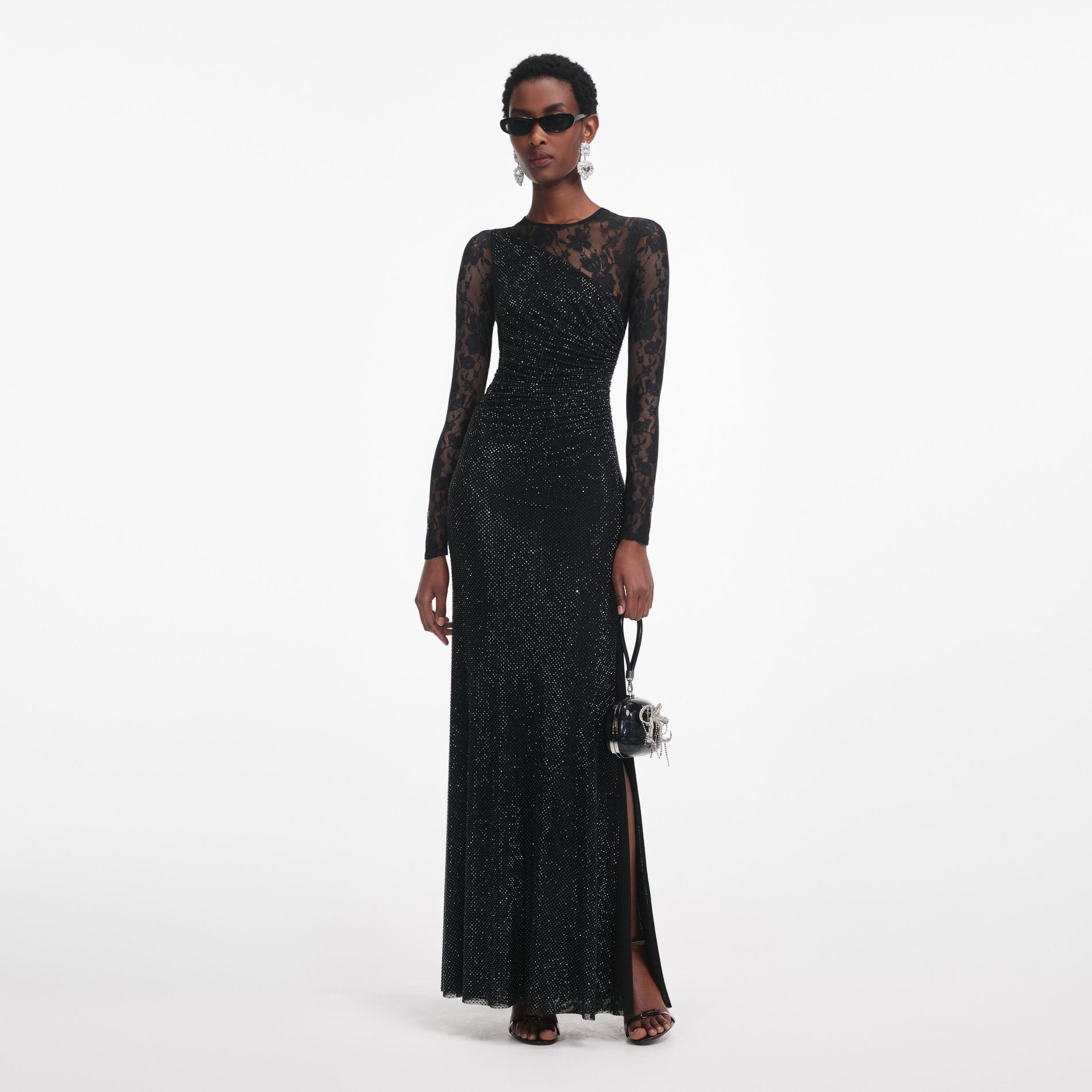 Black Rhinestone Lace Sleeves Maxi Dress