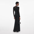 Black Rhinestone Lace Sleeves Maxi Dress