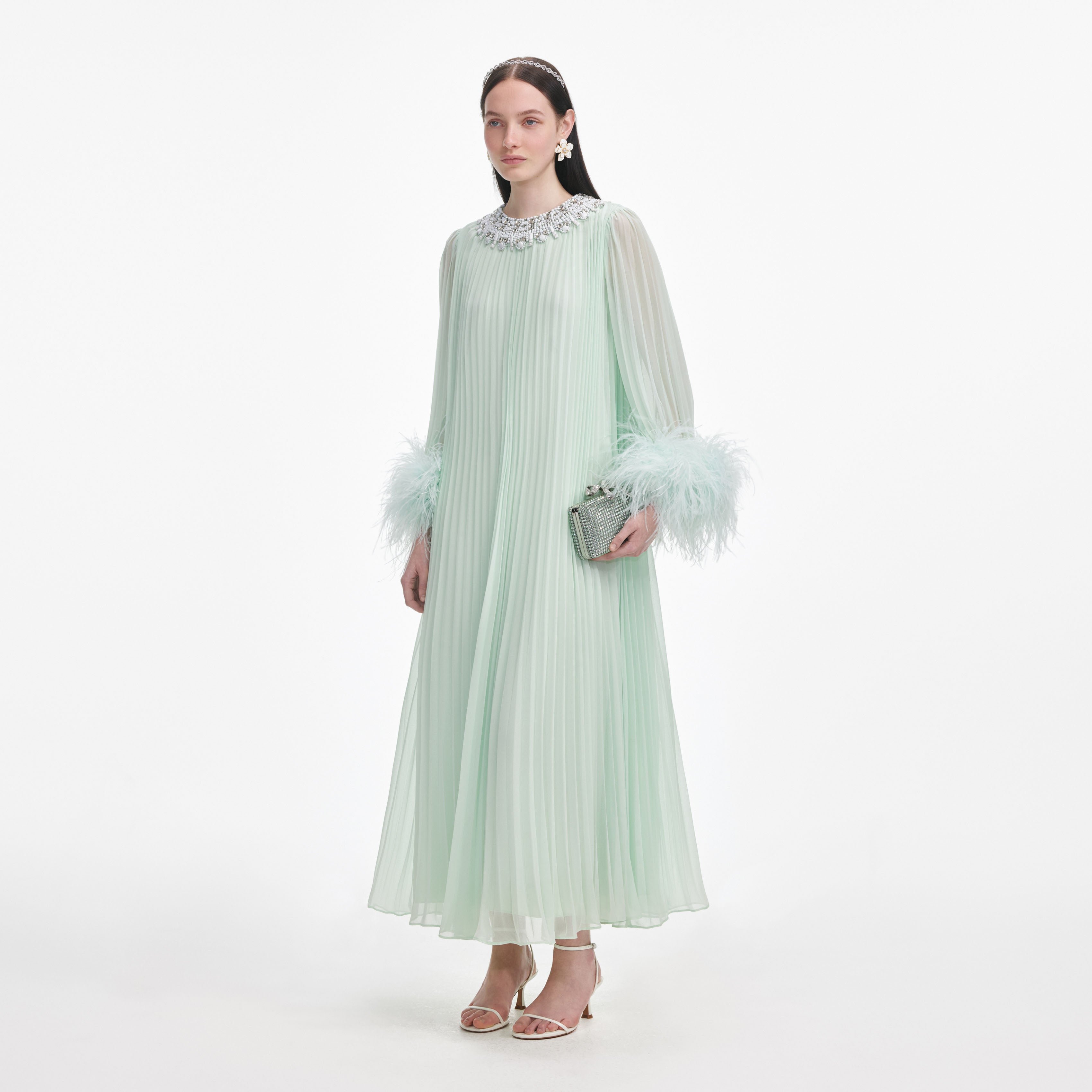 Mint Chiffon Feather Midi Dress