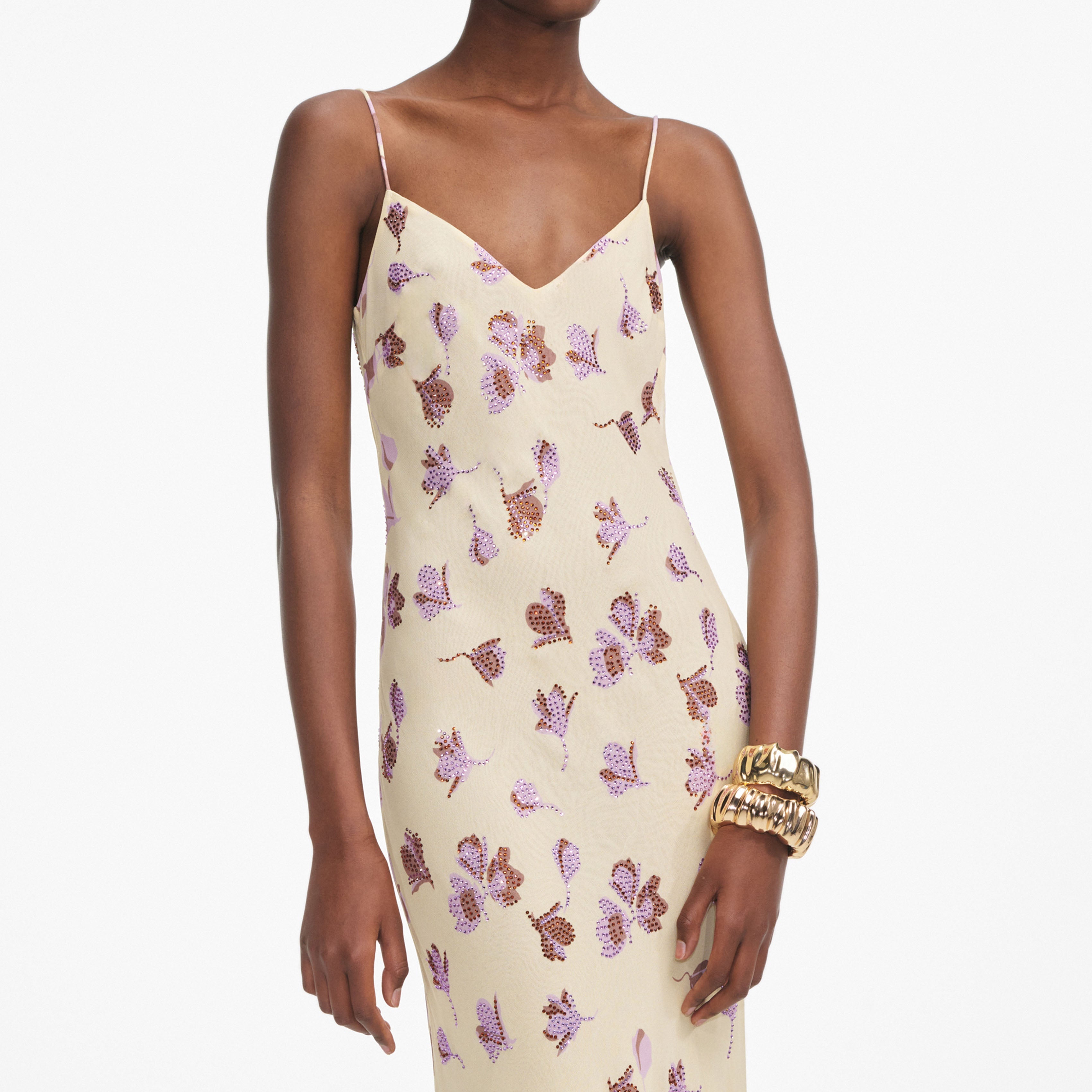 Yellow Floral Rhinestone Maxi Dress