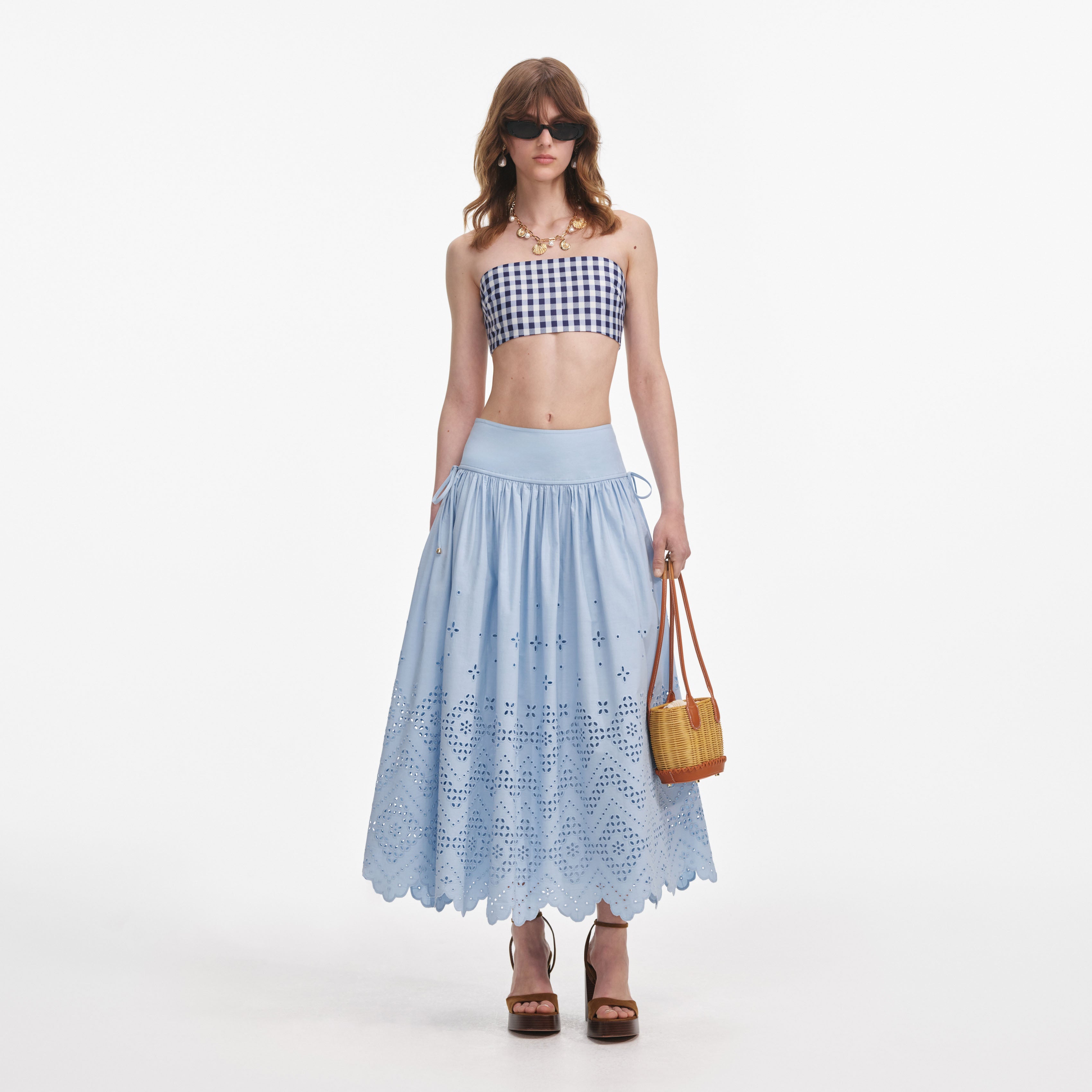 Blue Cotton Broderie Midi Skirt