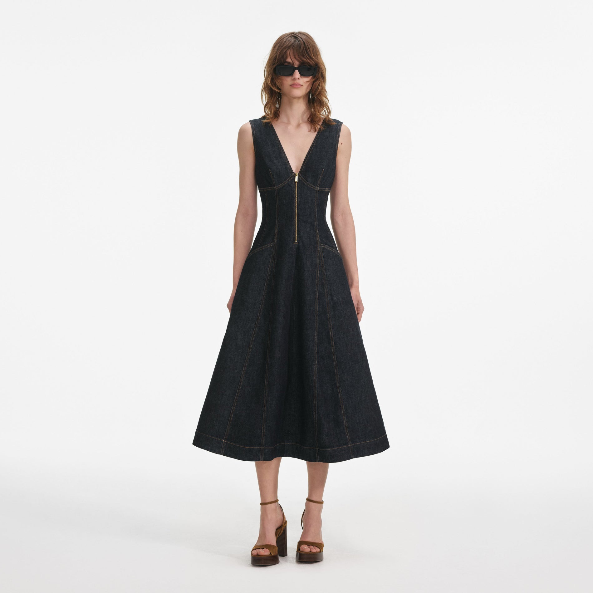 Front view of a woman wearing the Indigo Denim Midi Dress