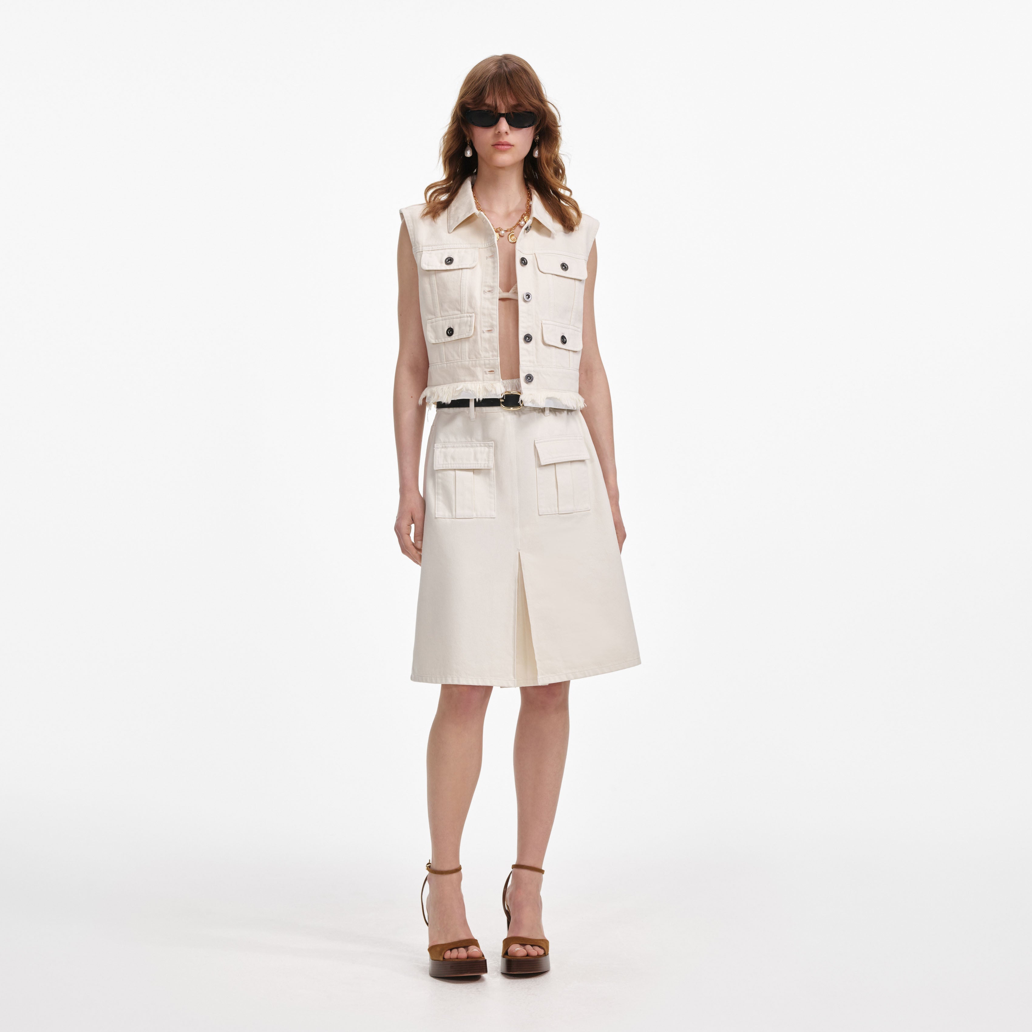 Cream Denim Midi Skirt