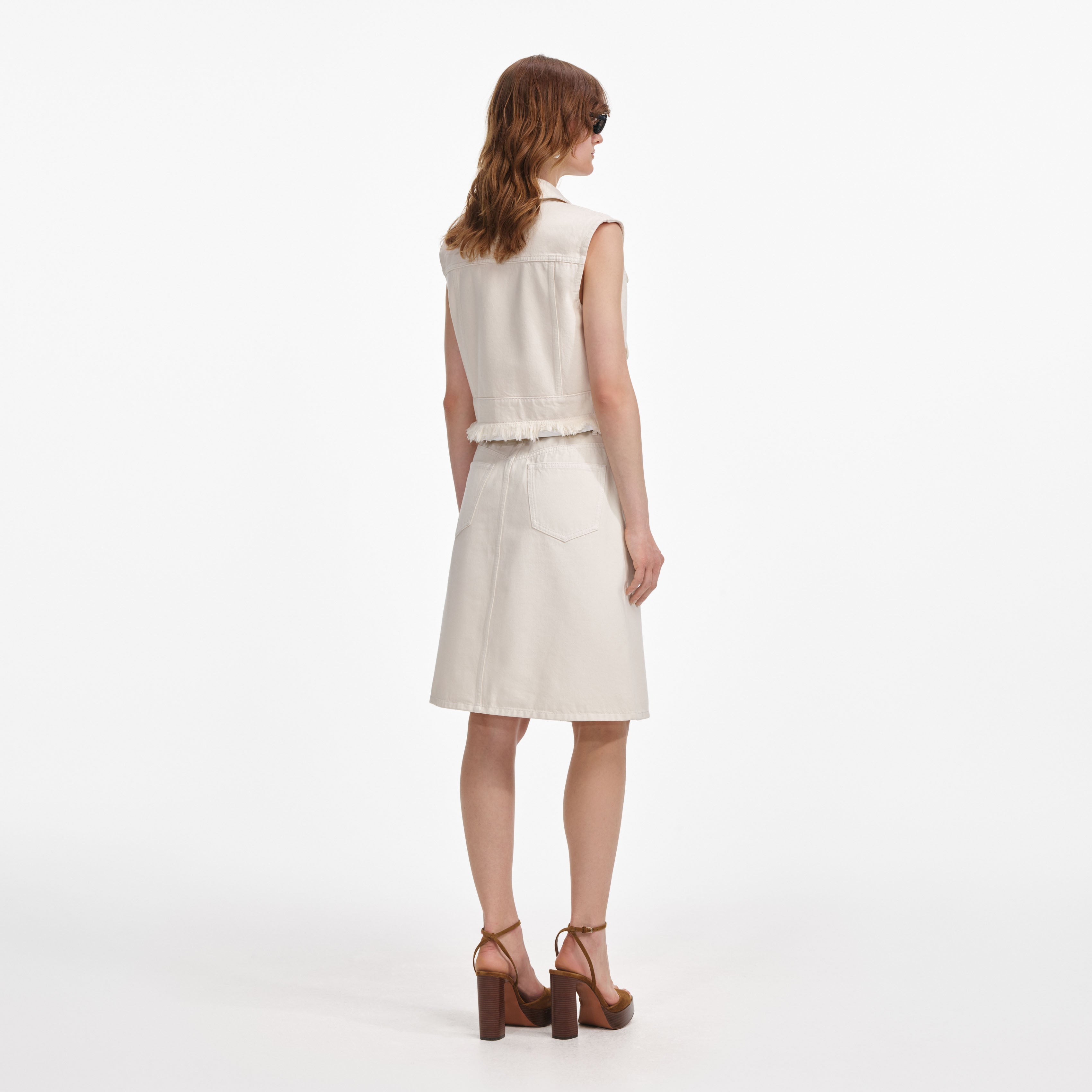 Cream Denim Midi Skirt