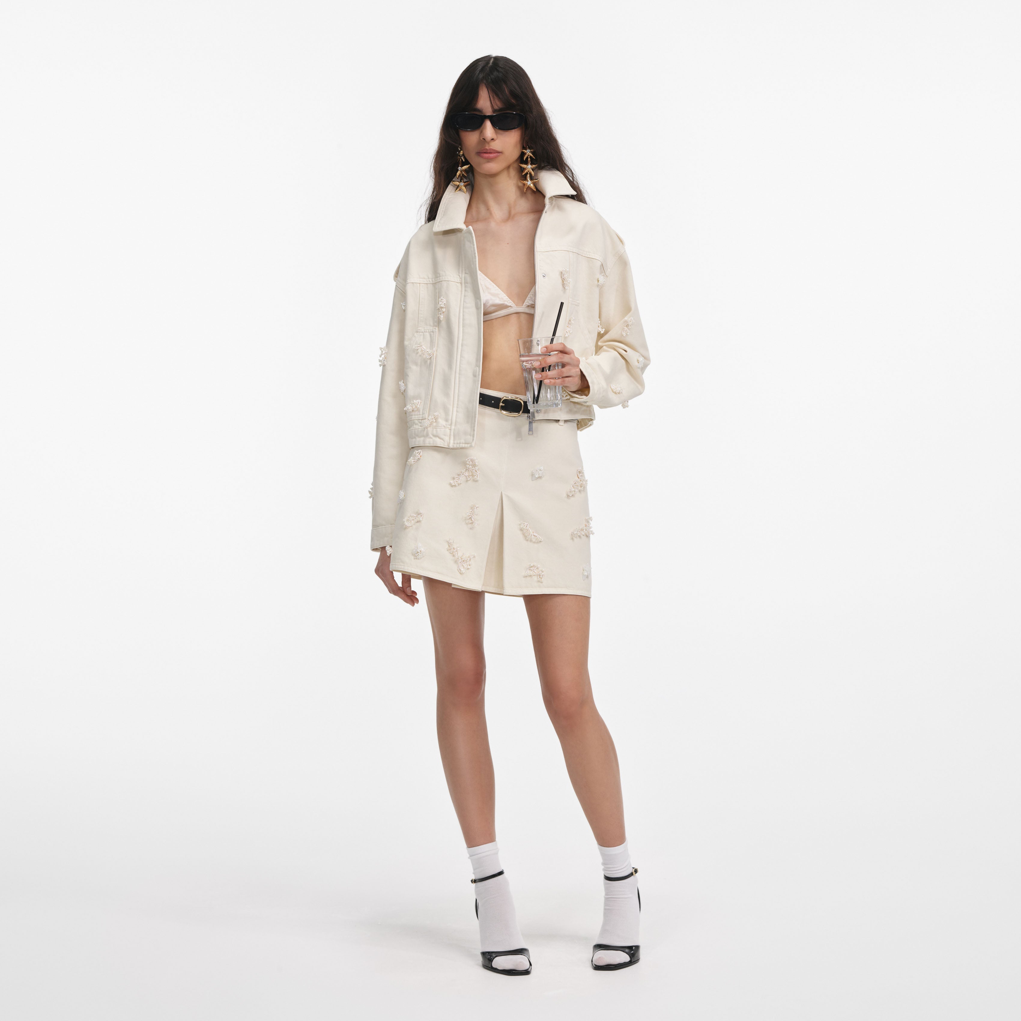 Cream Denim Beaded Floral Jacket