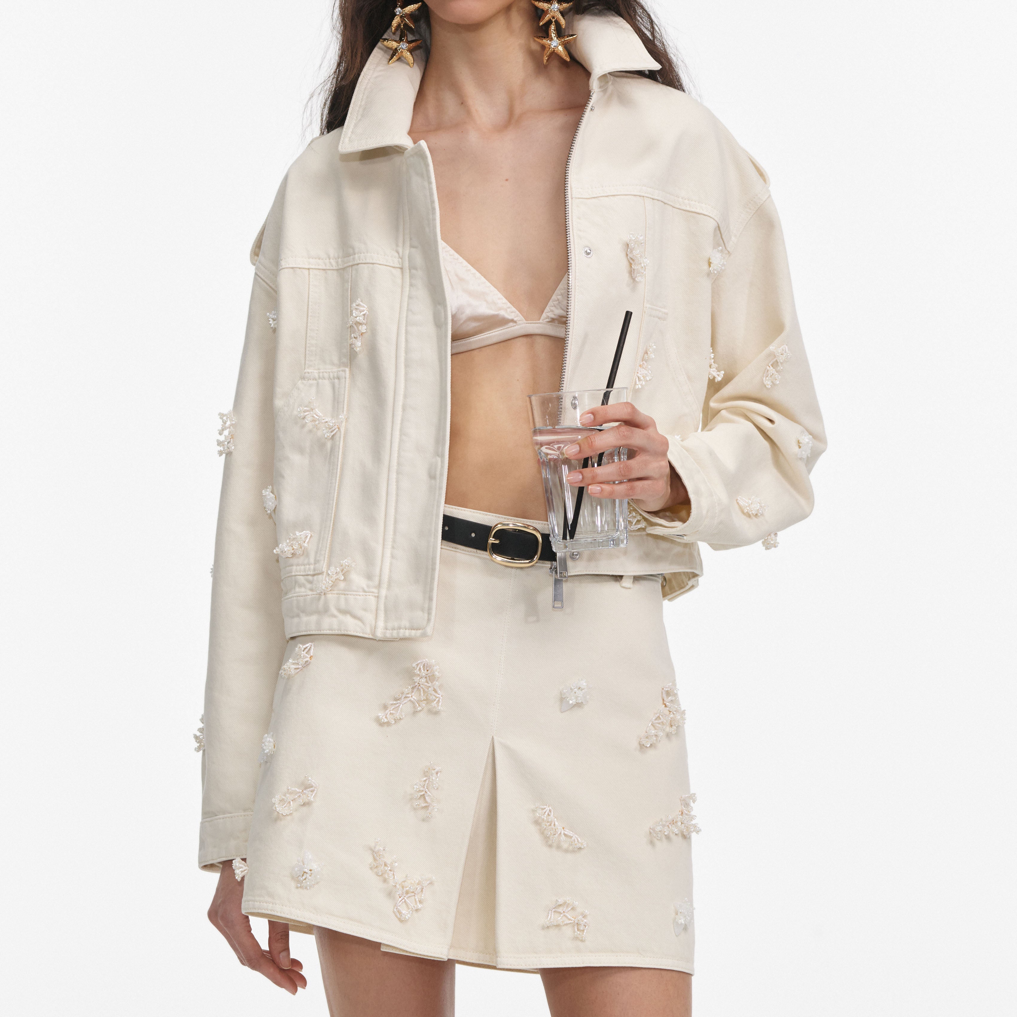 Cream Denim Beaded Floral Jacket