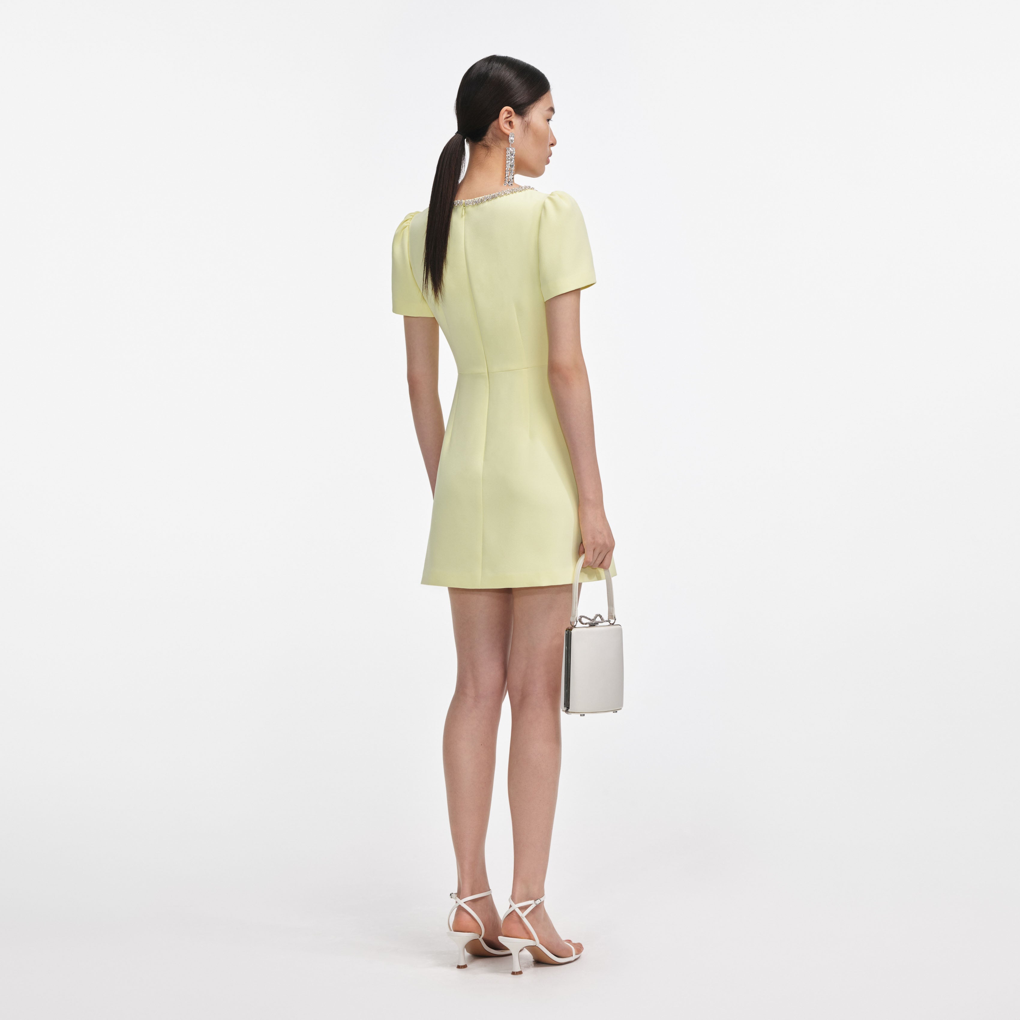 Yellow Crepe Crystal Trim Mini Dress