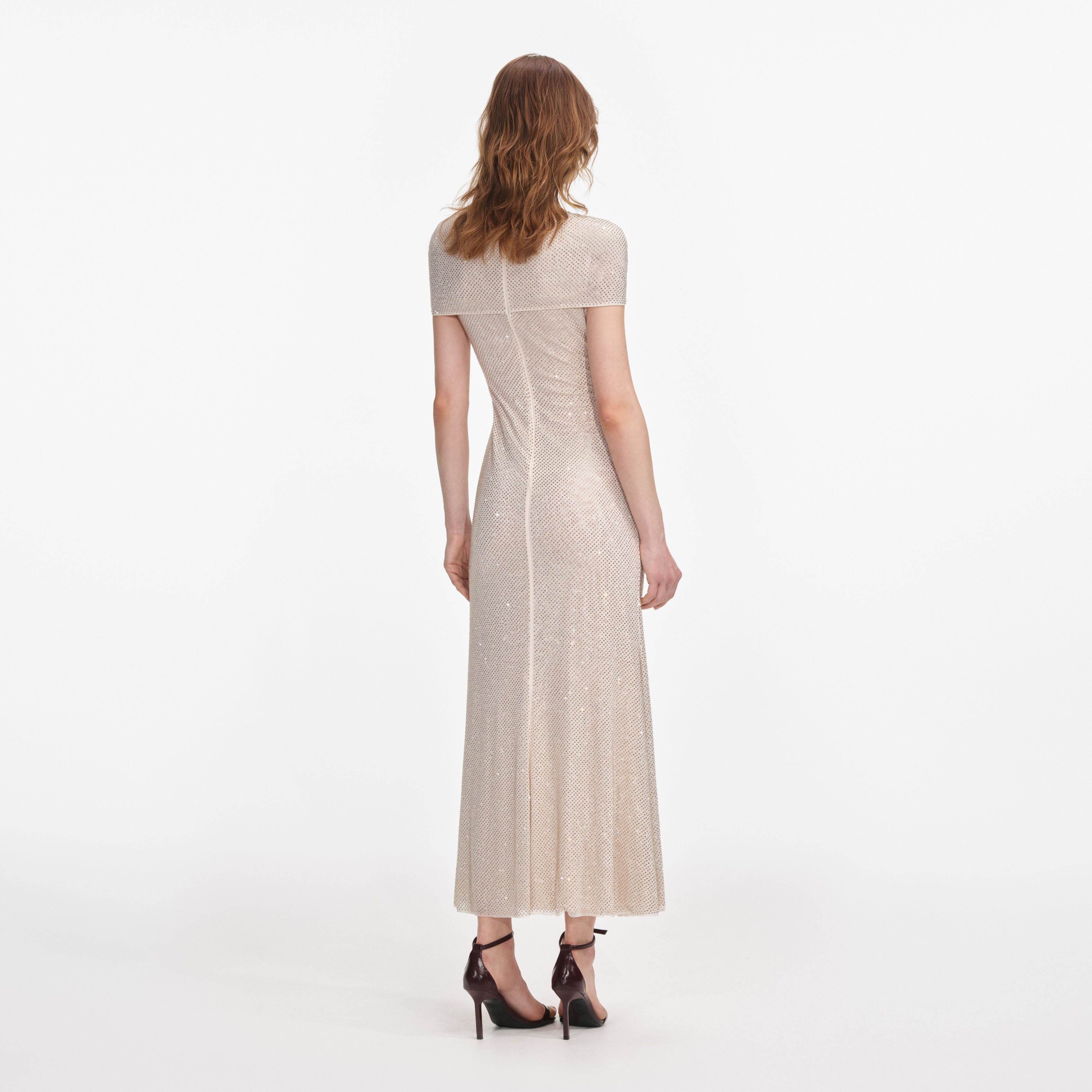 Champagne Rhinestone Mesh Cut Out Midi Dress