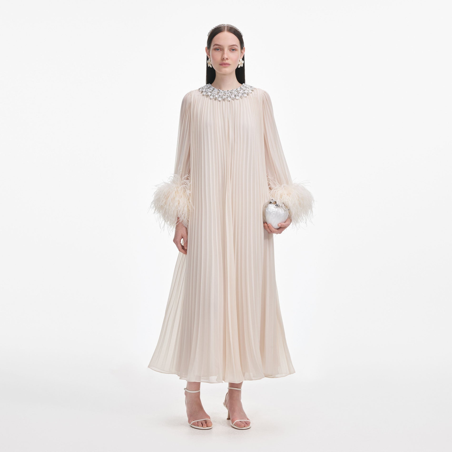 Front view of a woman wearing the Cream Chiffon Feather Midi Dress