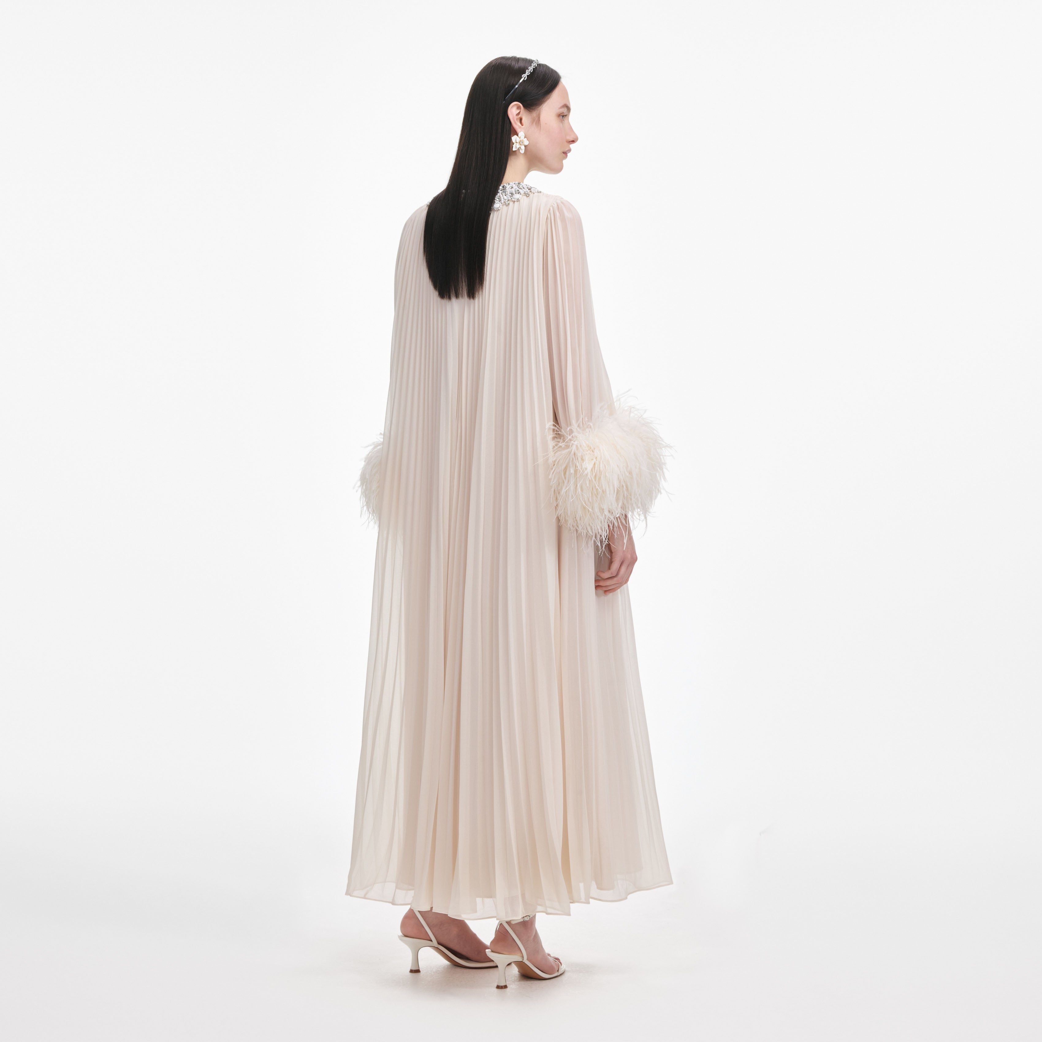 Cream Chiffon Feather Midi Dress