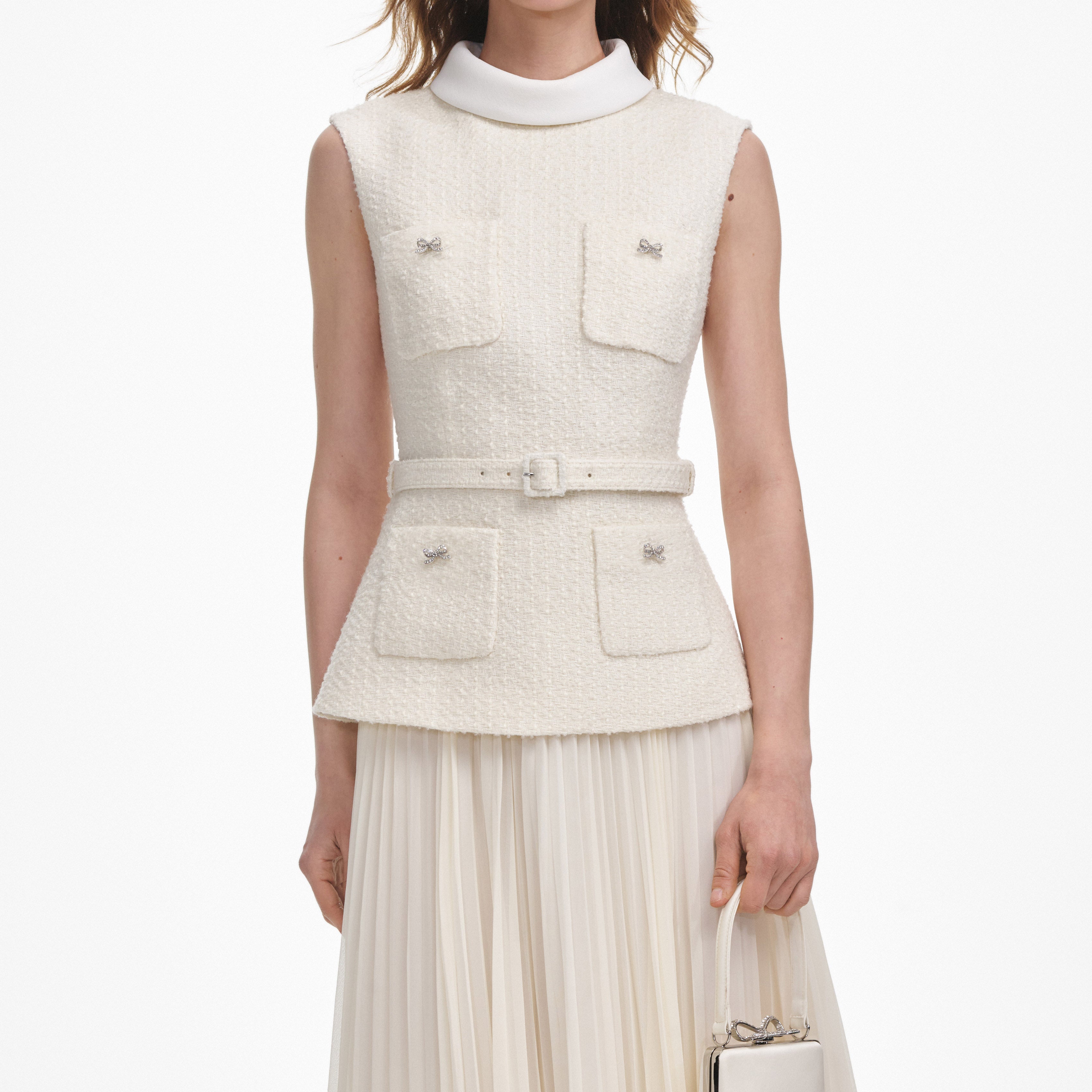 Cream Boucle Sleeveless Midi Dress