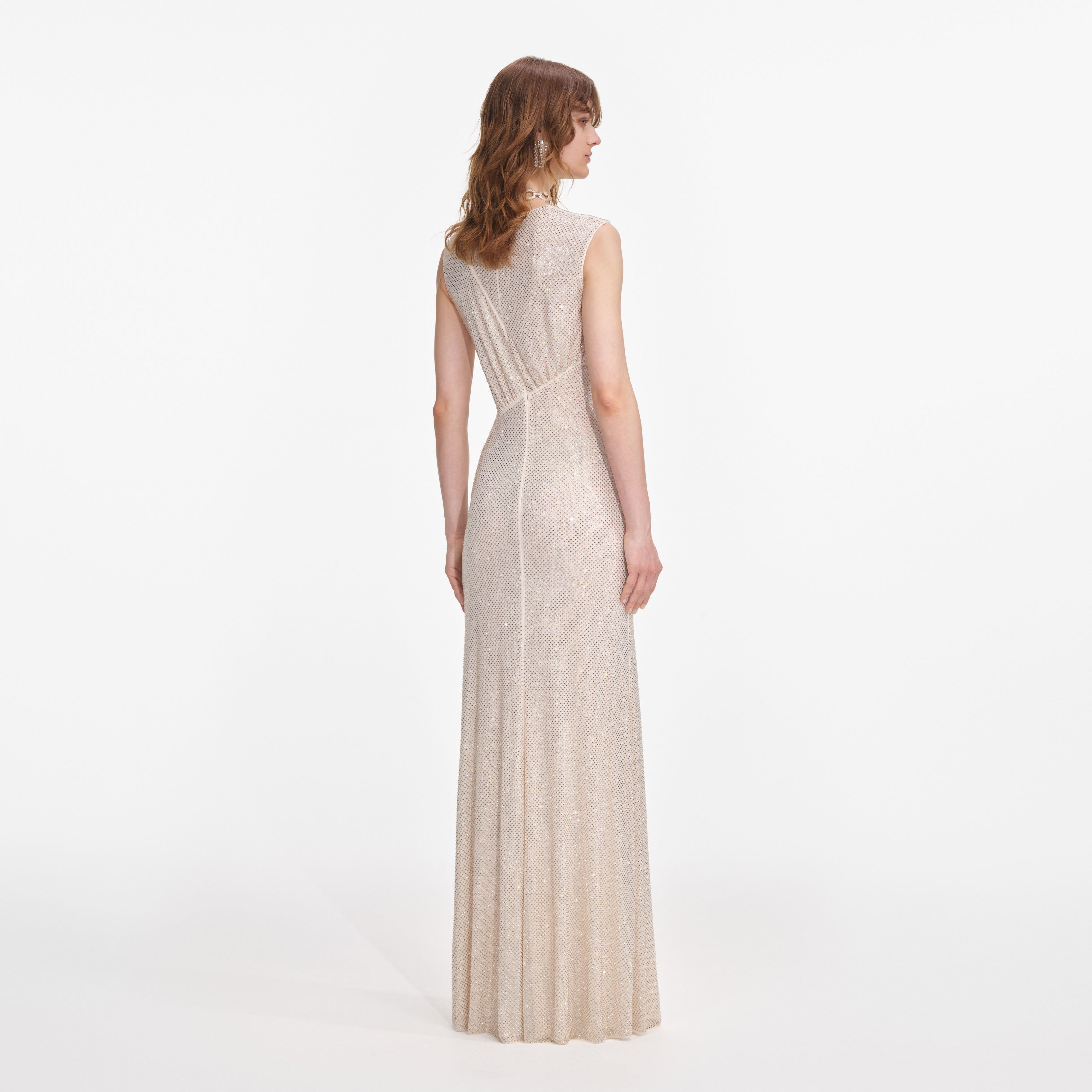 Champagne Rhinestone Cut Out Maxi Dress