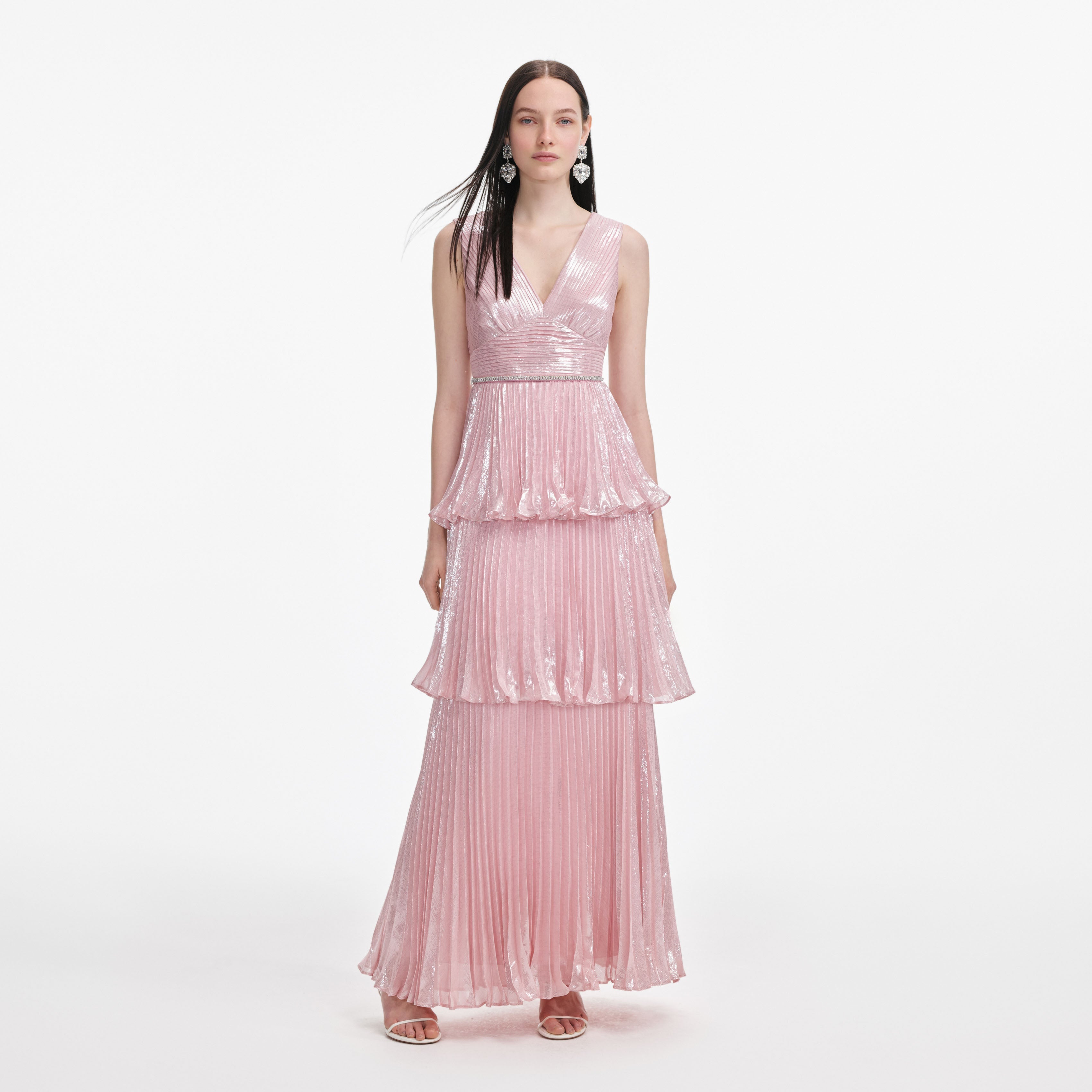 Pink Metallic Tiered Maxi Dress